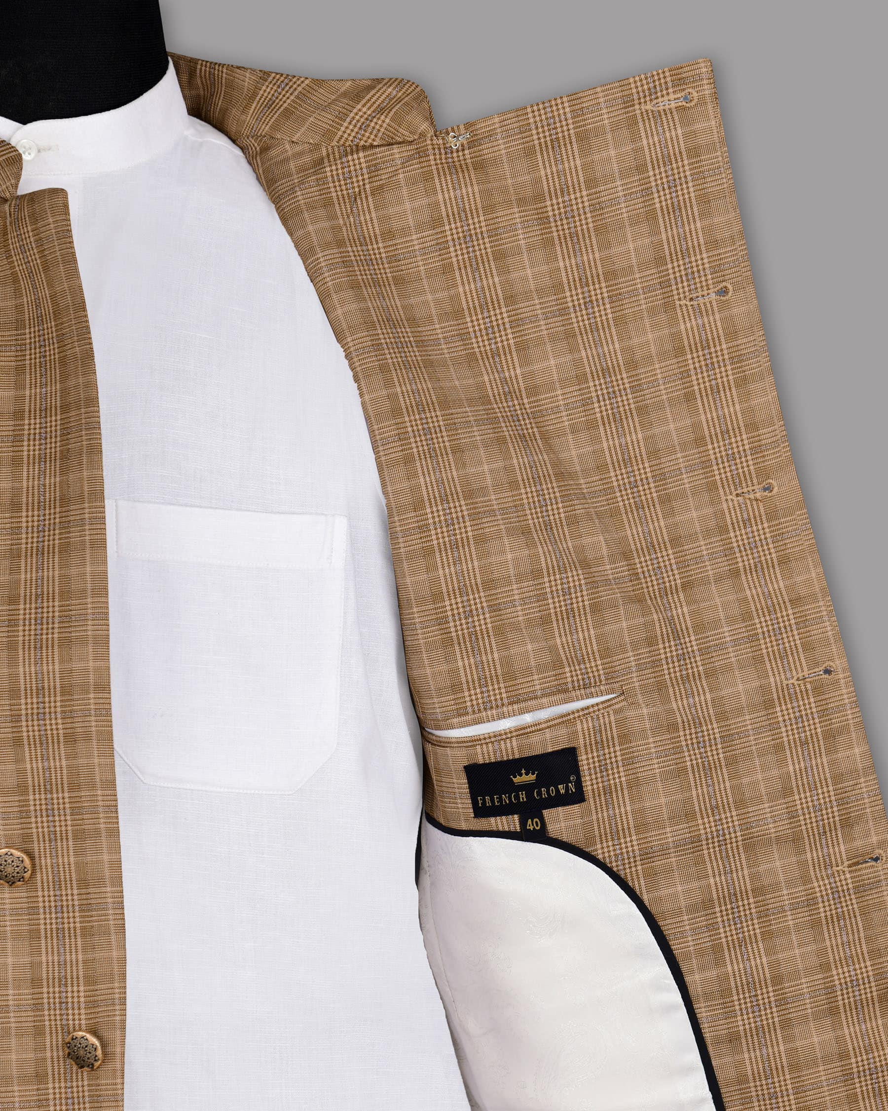 Camel Plaid Cross Placket Bandhgala/Mandarin Blazer