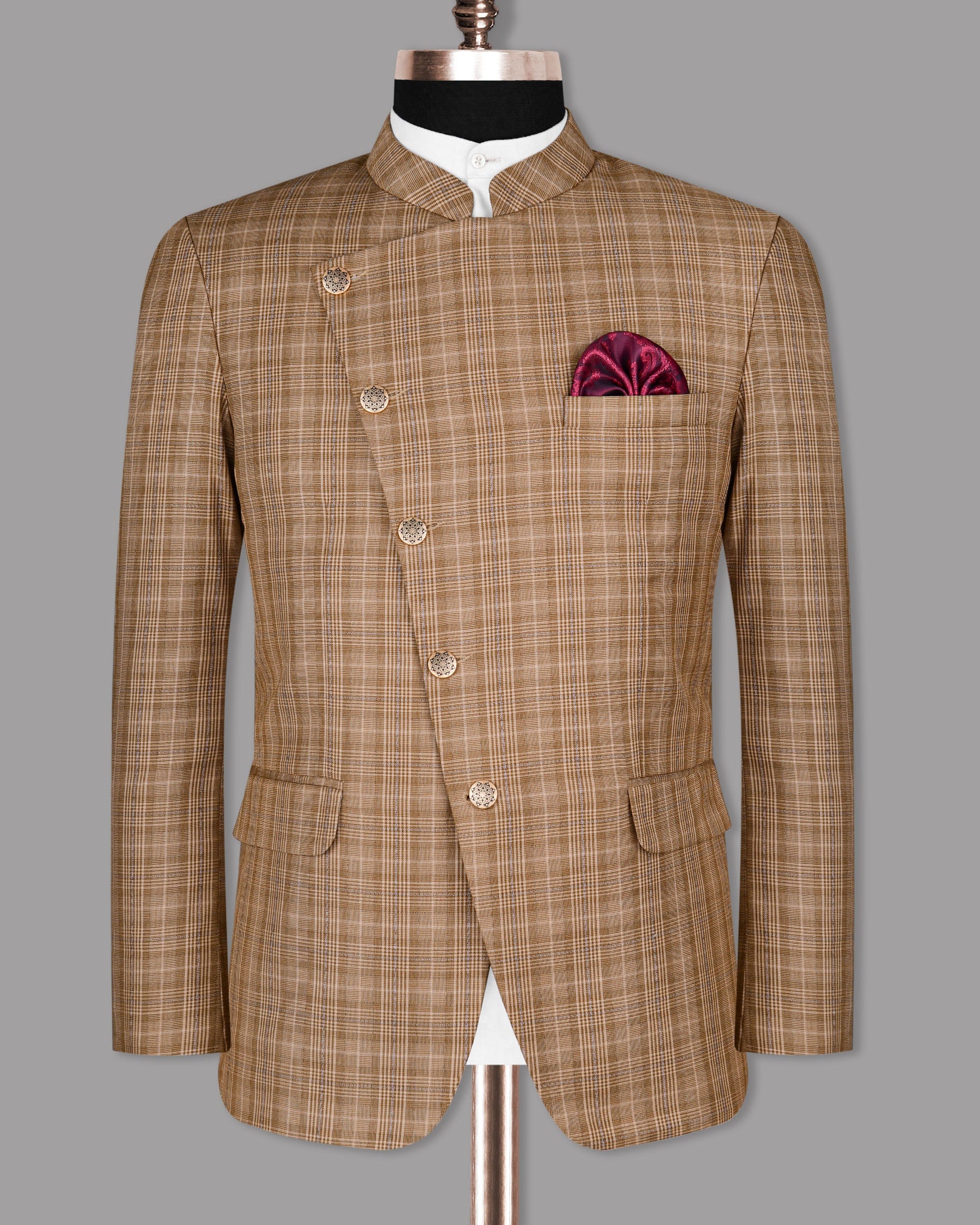 Camel Plaid Cross Placket Bandhgala/Mandarin Blazer