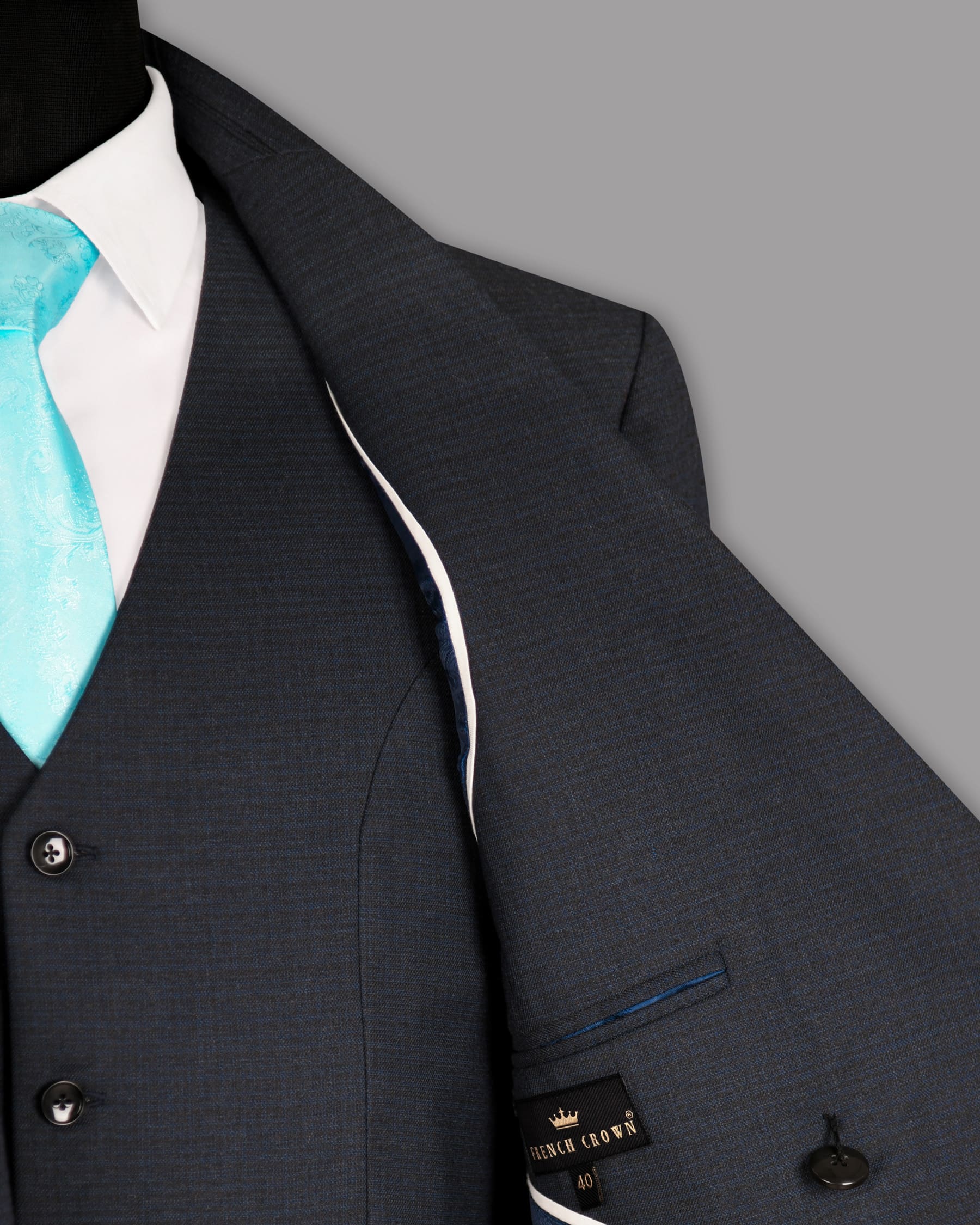 Navy Micro Checked Wool Rich Double Breasted Blazer