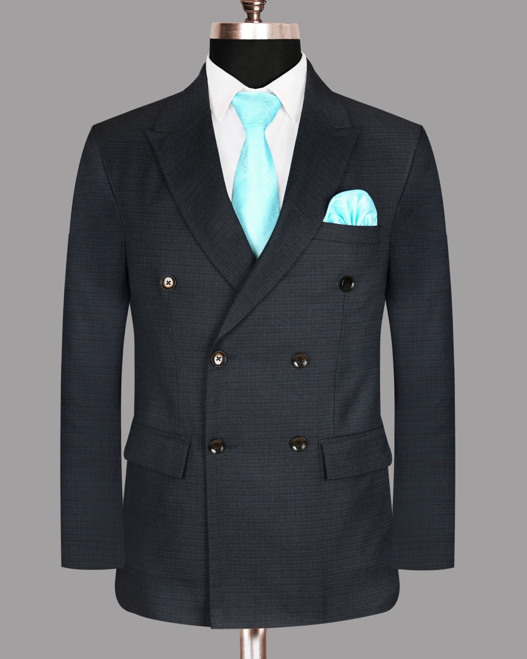 Navy Micro Checked Wool Rich Double Breasted Blazer