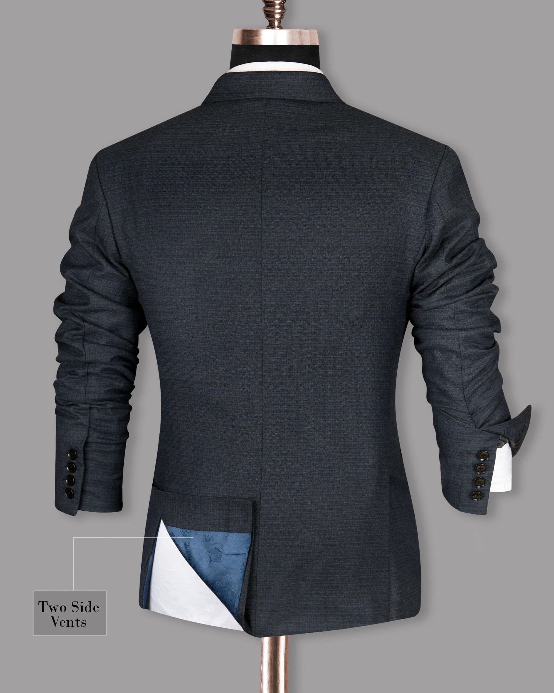 Navy Micro Checked Wool Rich Double Breasted Blazer