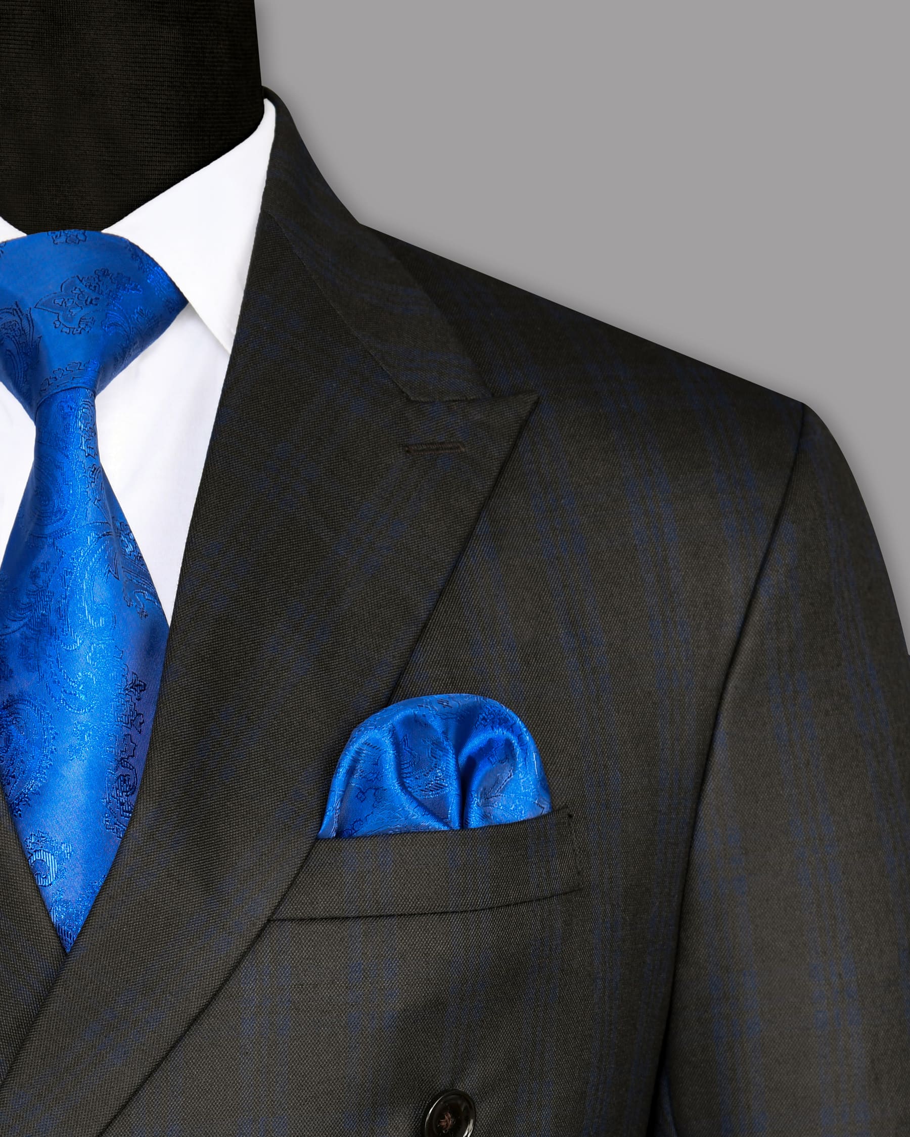 Charcoal with Subtle Navy Plaid Wool Rich Double Breasted Blazer