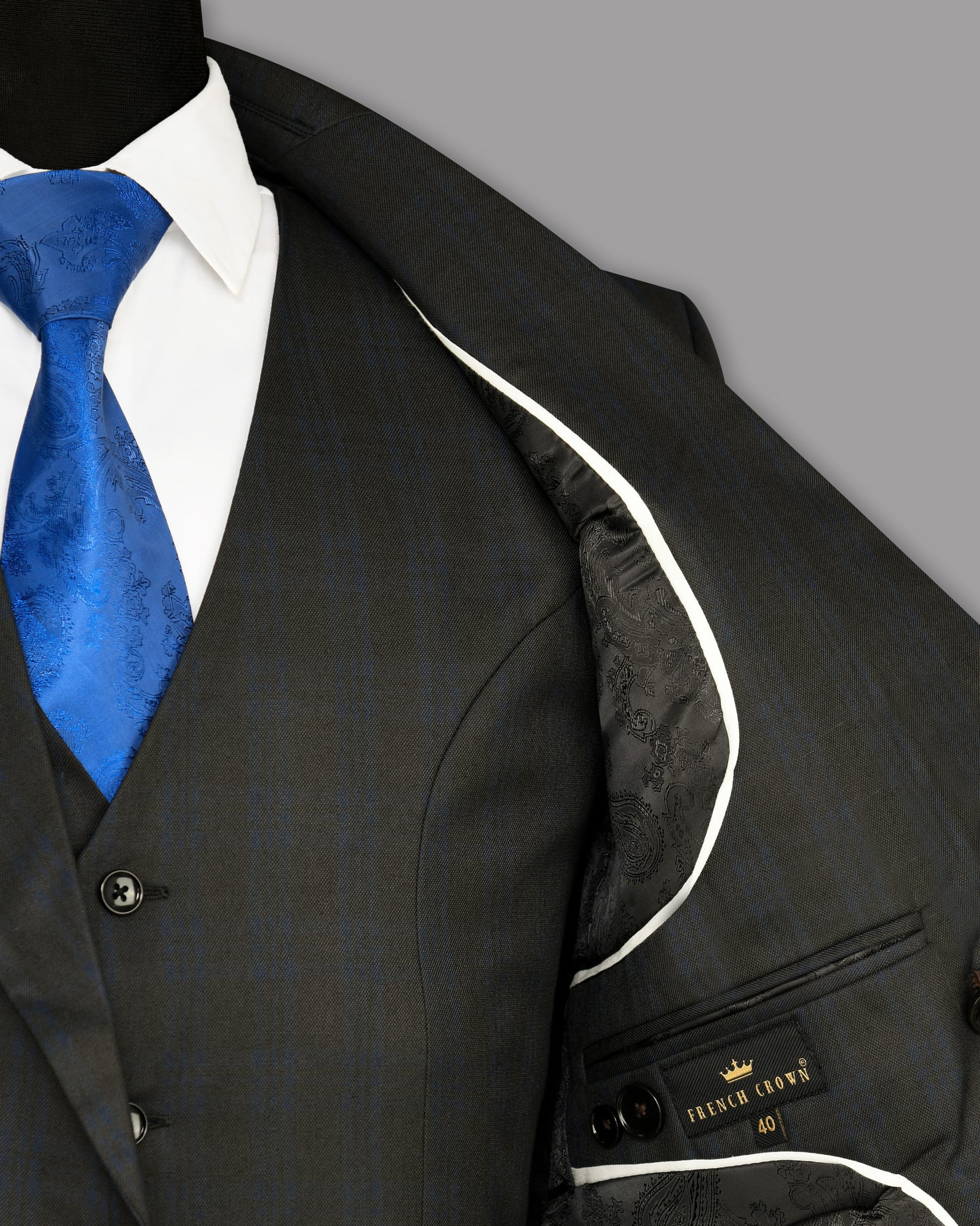 Charcoal with Subtle Navy Plaid Wool Rich Double Breasted Blazer