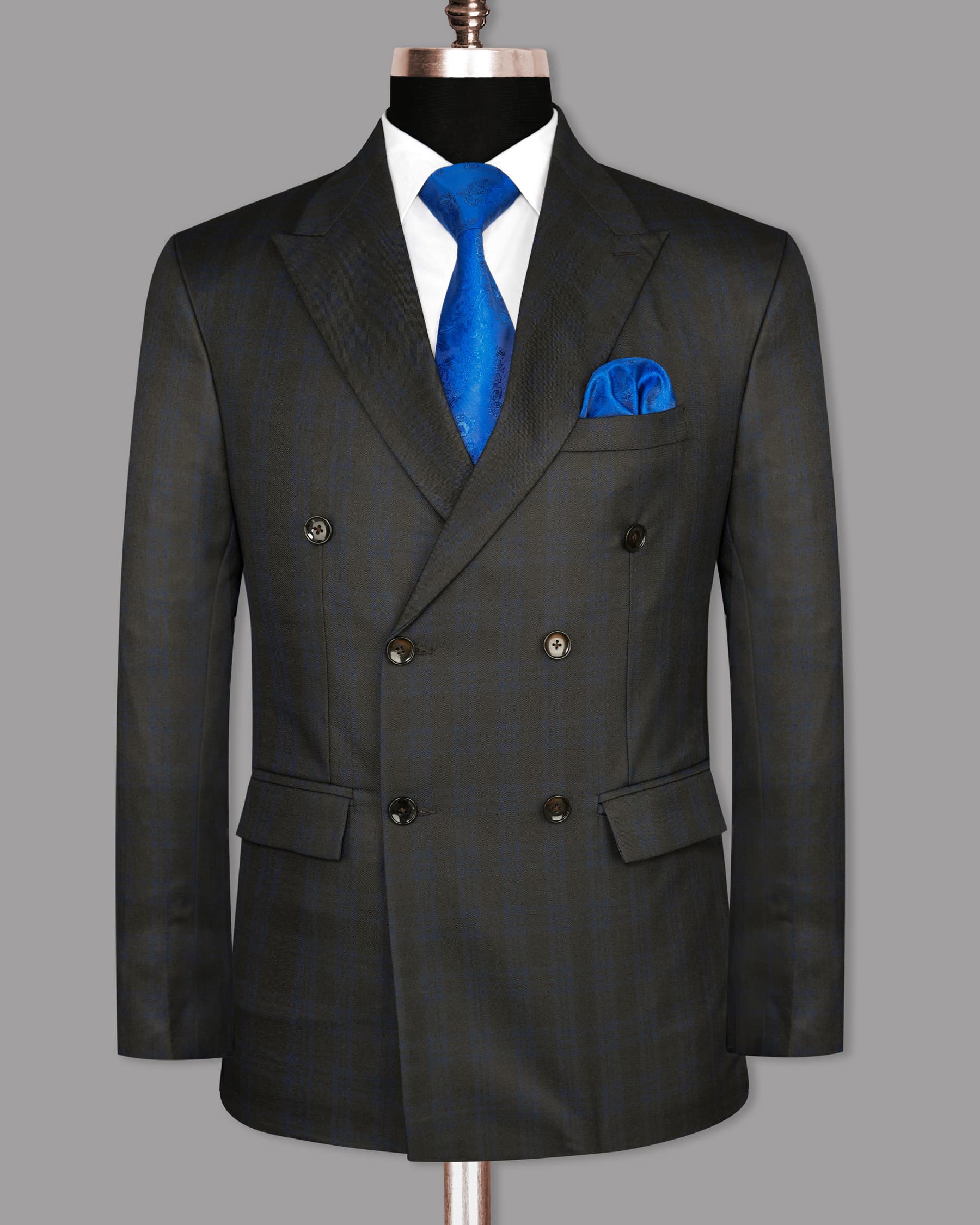Charcoal with Subtle Navy Plaid Wool Rich Double Breasted Blazer
