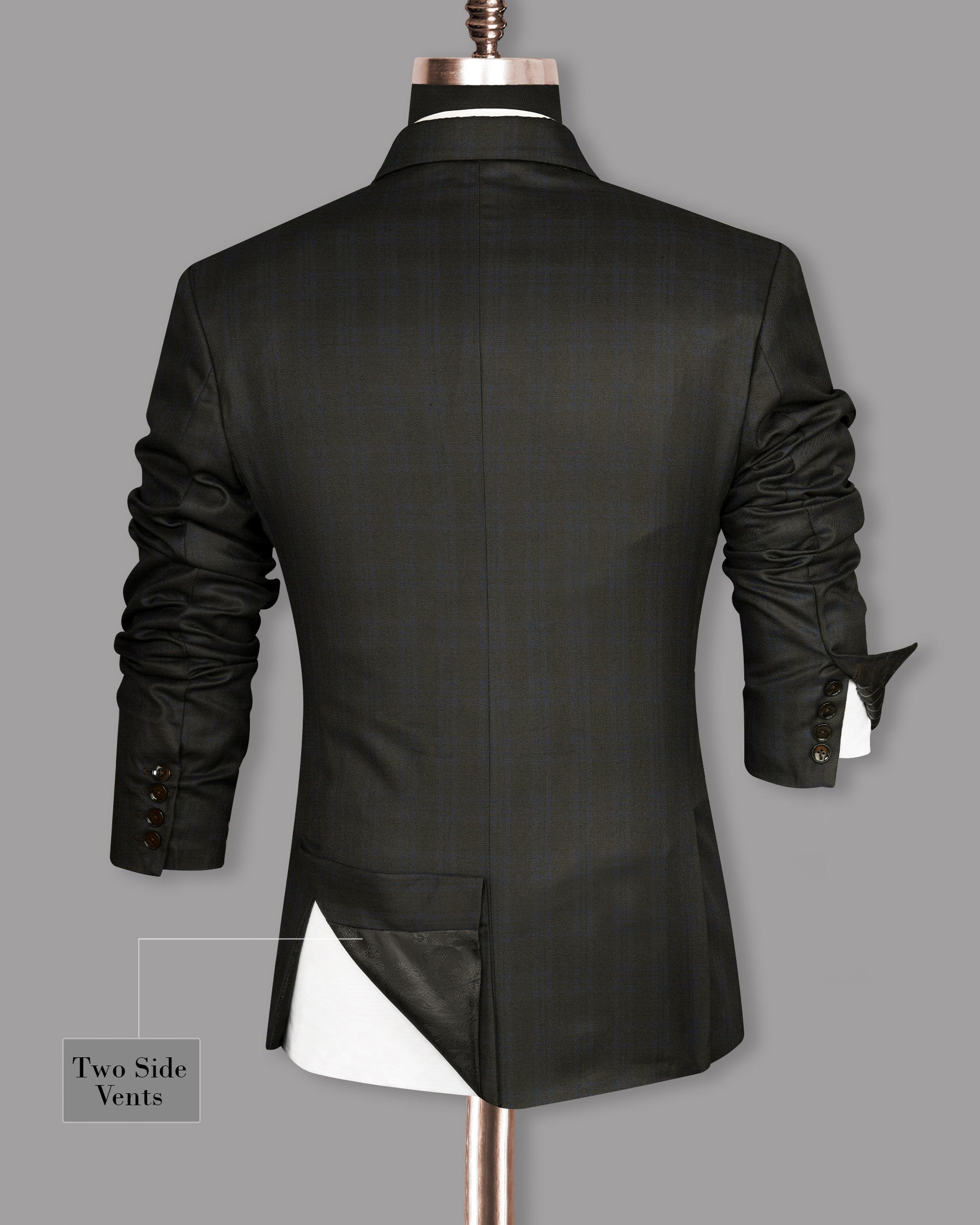 Charcoal with Subtle Navy Plaid Wool Rich Double Breasted Blazer