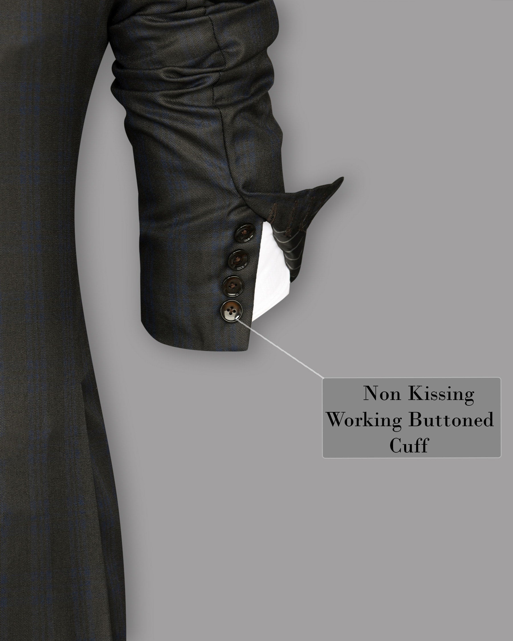 Charcoal with Subtle Navy Plaid Wool Rich Double Breasted Blazer