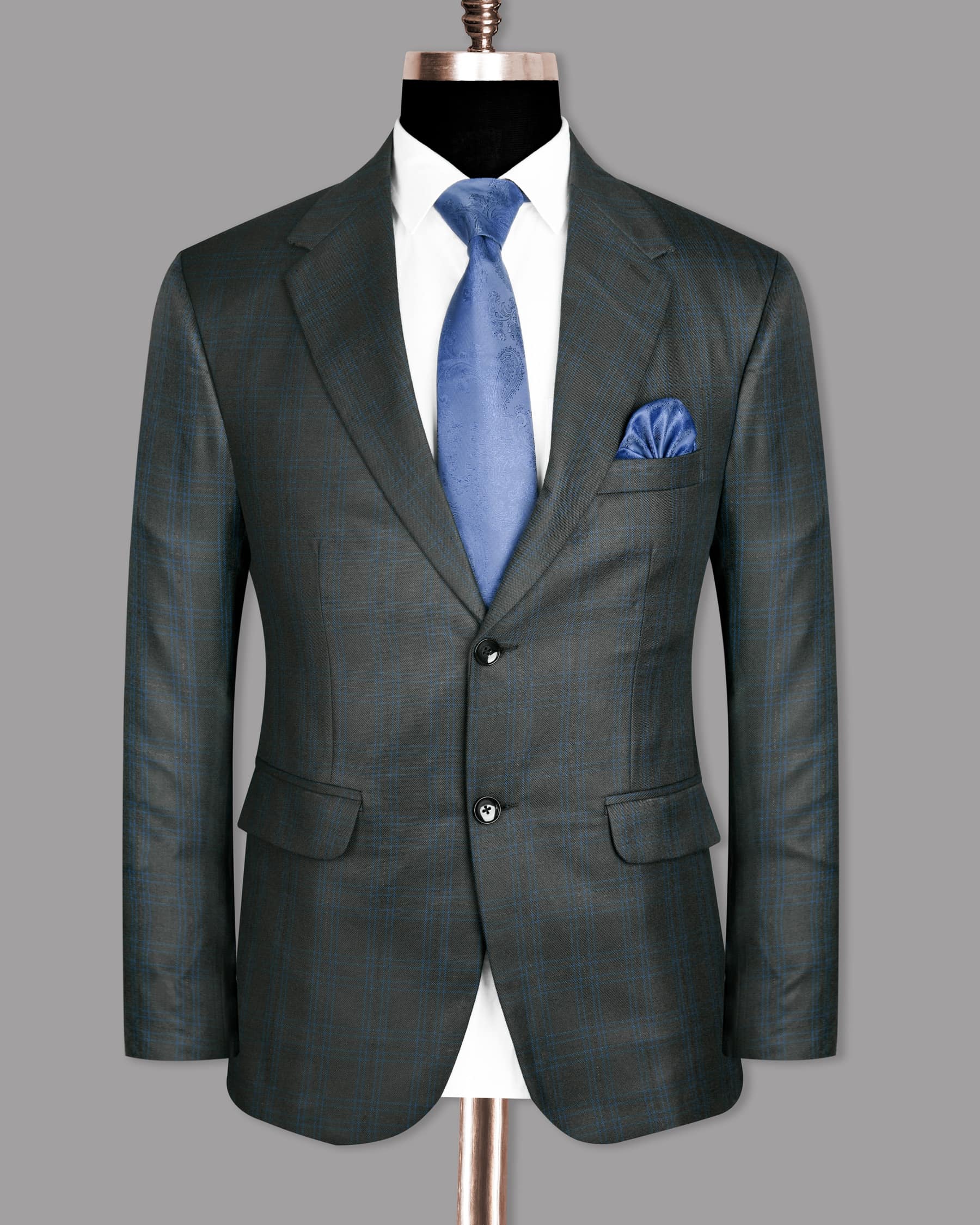 Blue Subtle Windowpane Wool Blend Blazer