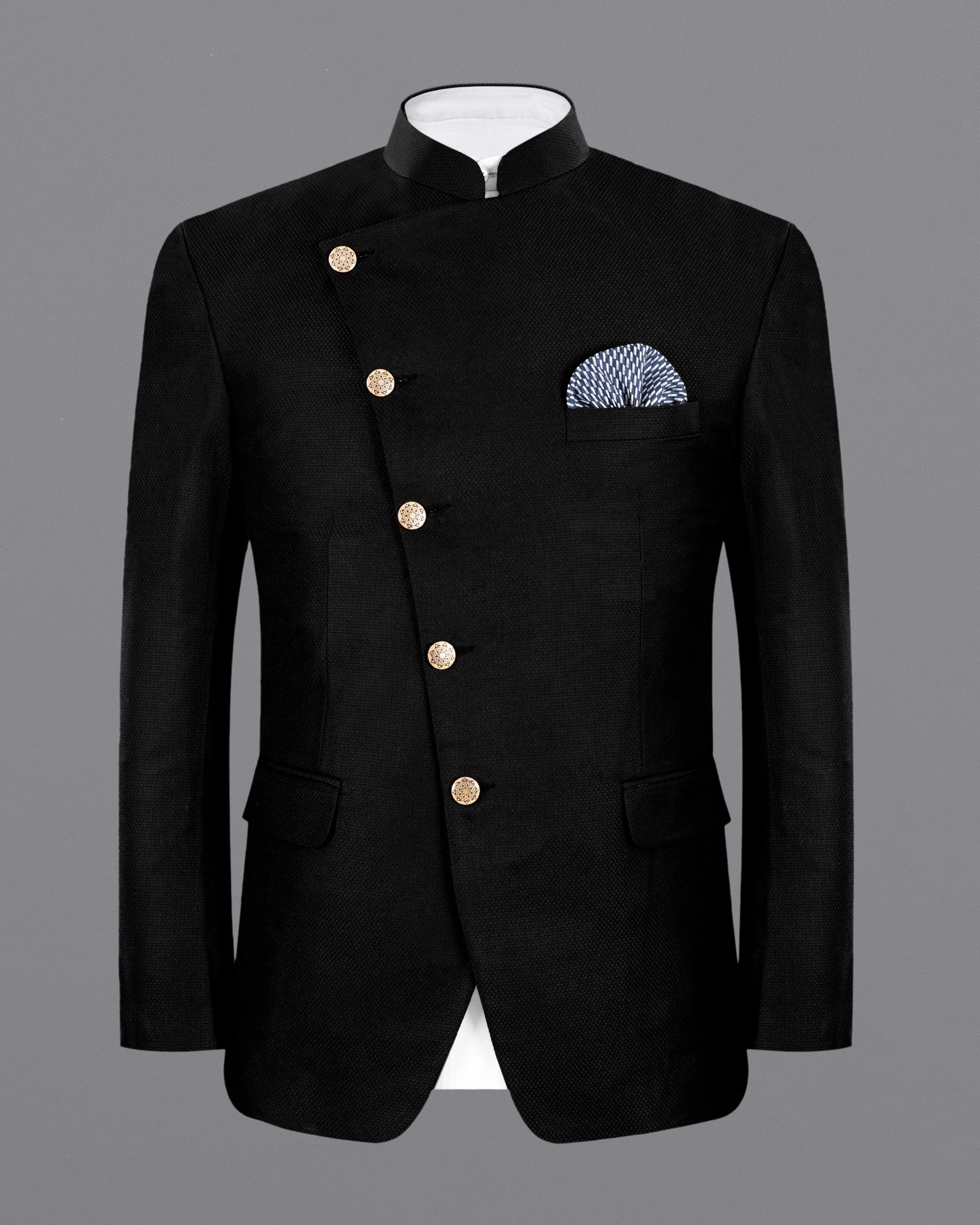 Jade black Diamond Textured Cross Placket Bandhgala/Mandarin Wool-Silk blend Blazer