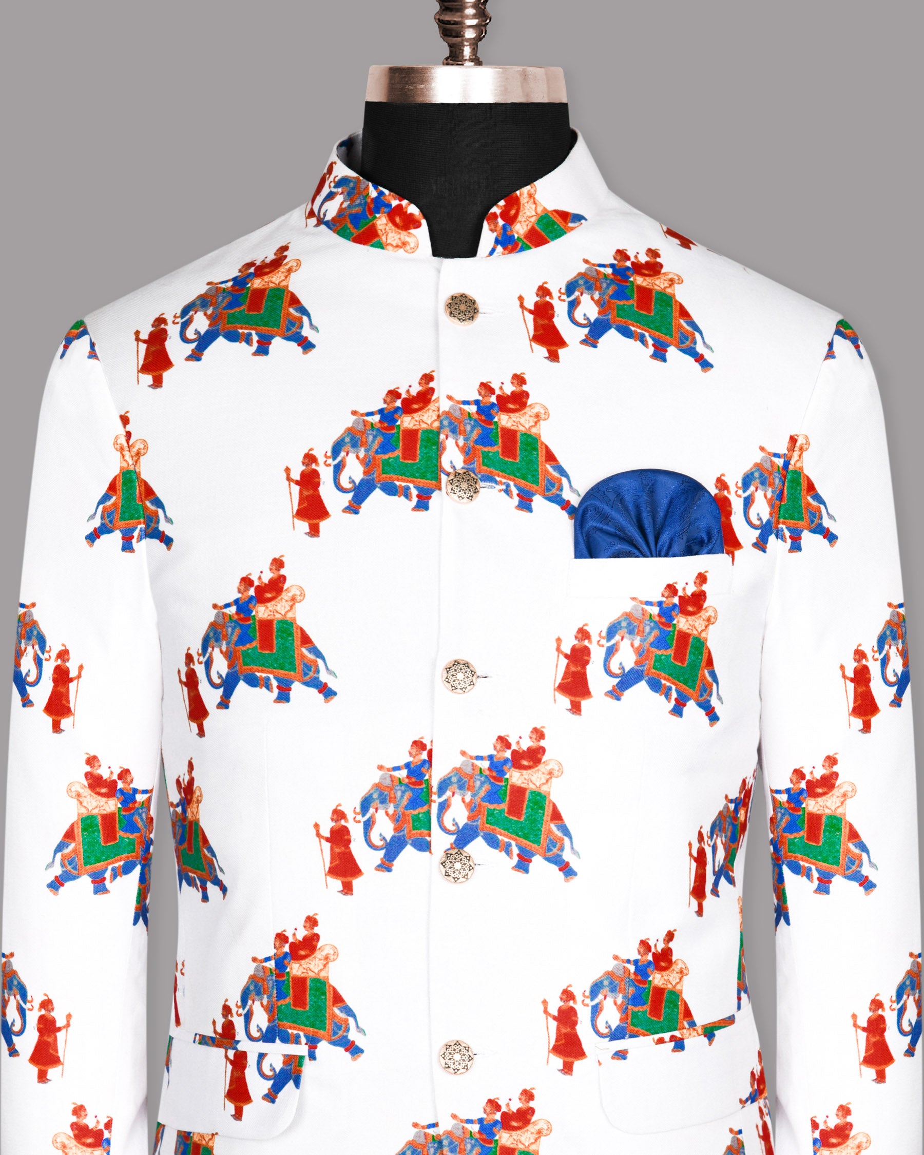 Bright White with Indian Traditional King and His Elephant Art Designer Mandarin Blazer BL876-BG-42, BL876-BG-44, BL876-BG-48, BL876-BG-50, BL876-BG-60, BL876-BG-36, BL876-BG-46, BL876-BG-40, BL876-BG-38, BL876-BG-52, BL876-BG-54, BL876-BG-56, BL876-BG-58
