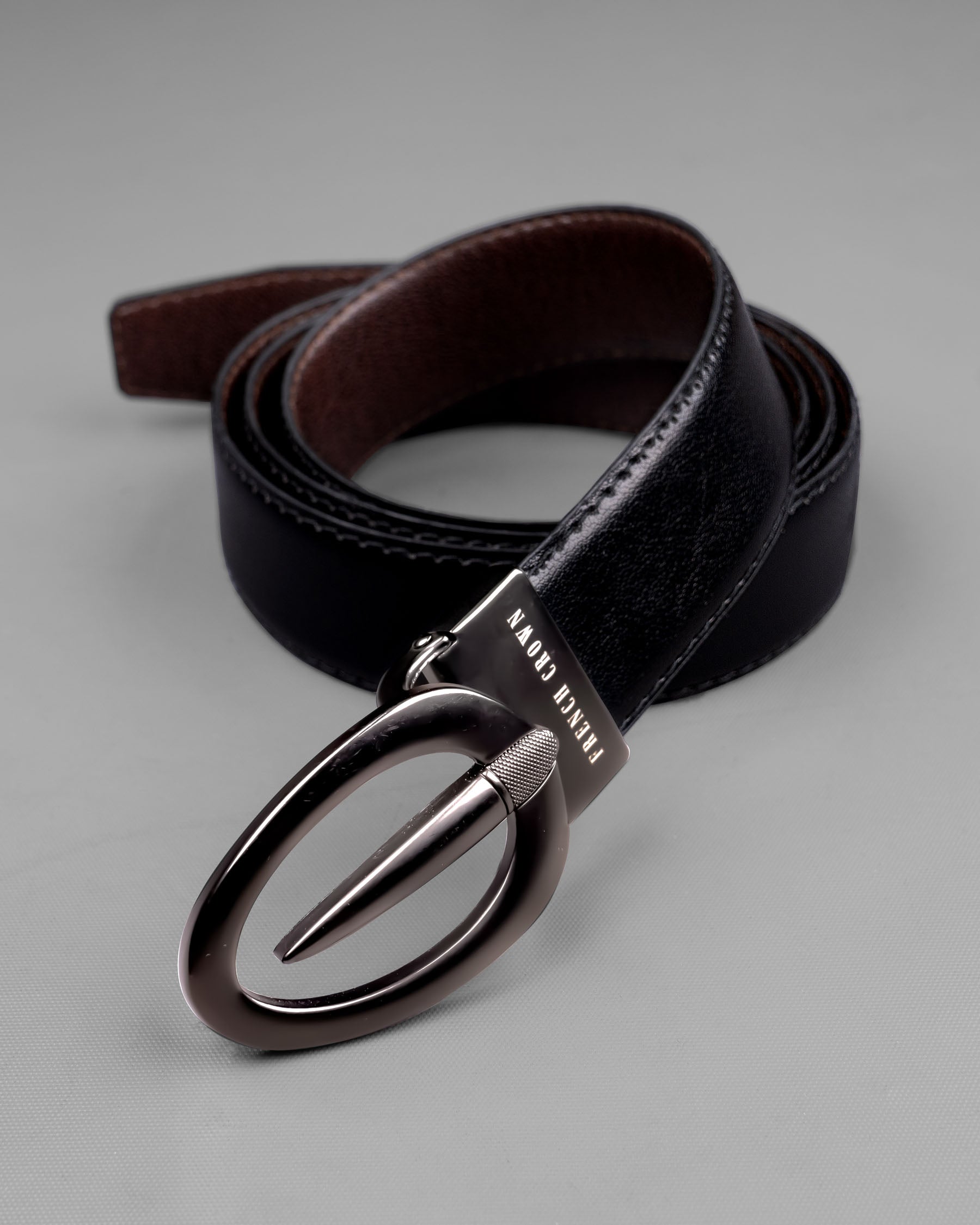 Matt Grey Oval buckled Reversible jade Black and Brown Slight Textured Vegan Leather Handcrafted Belt BT025-28, BT025-30, BT025-32, BT025-34, BT025-36, BT025-38