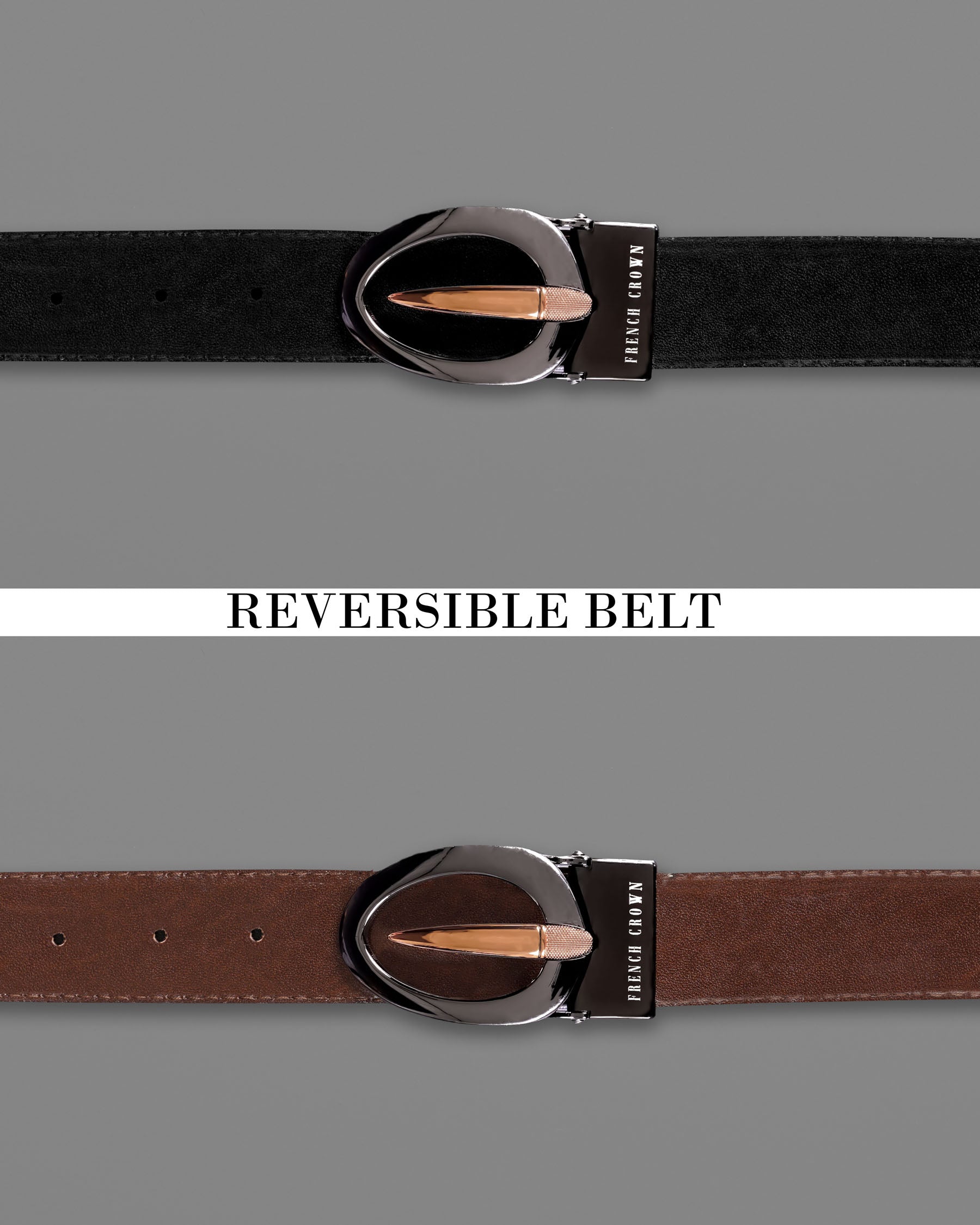 Glossy Grey and Golden Oval  buckled Reversible jade Black and tan Slight Textured Vegan Leather Handcrafted Belt BT026-28, BT026-30, BT026-32, BT026-34, BT026-36, BT026-38
