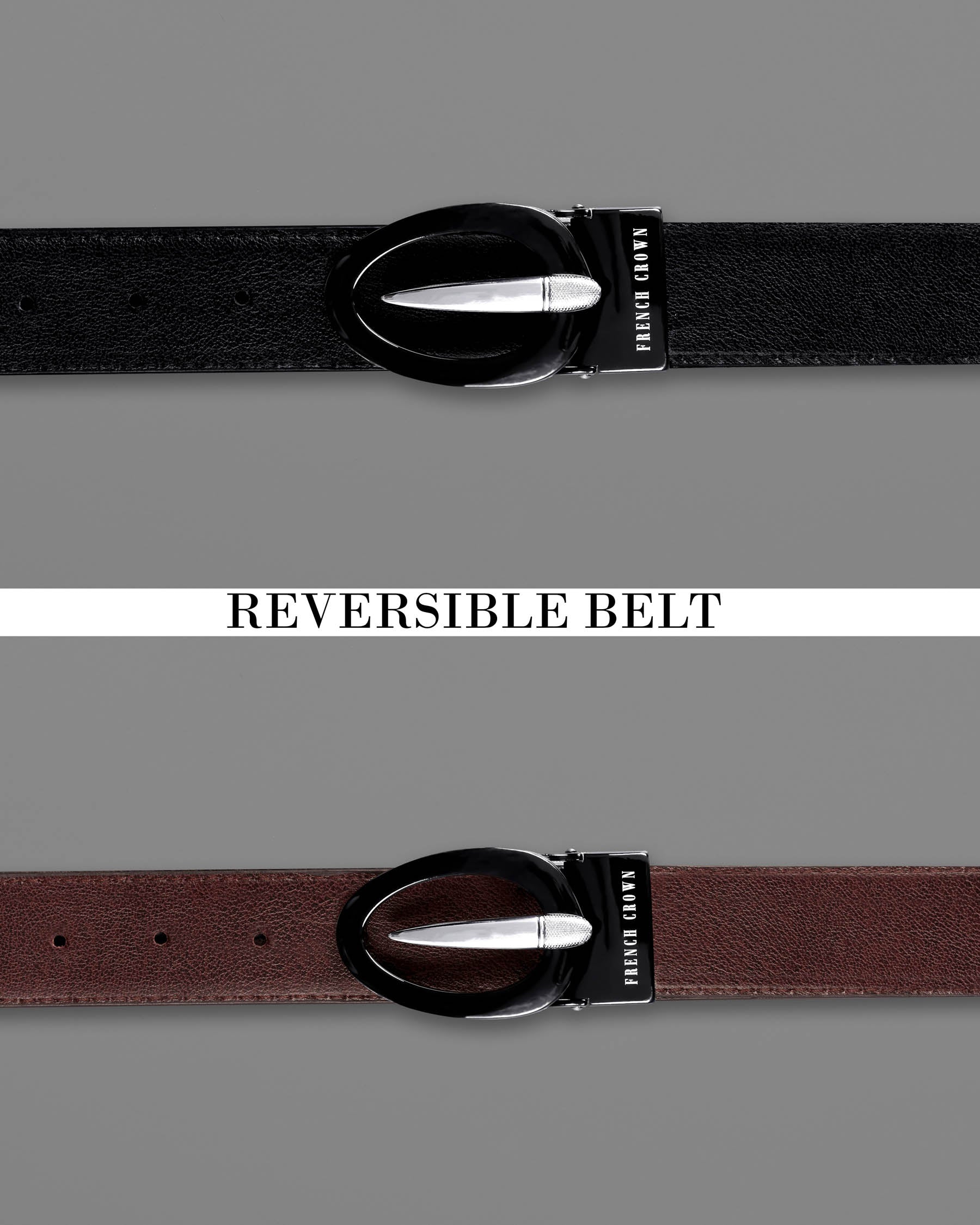 Glossy Black and Silver Oval  buckled Reversible jade Black and Brown Slight Textured Vegan Leather Handcrafted Belt BT027-28, BT027-30, BT027-32, BT027-34, BT027-36, BT027-38