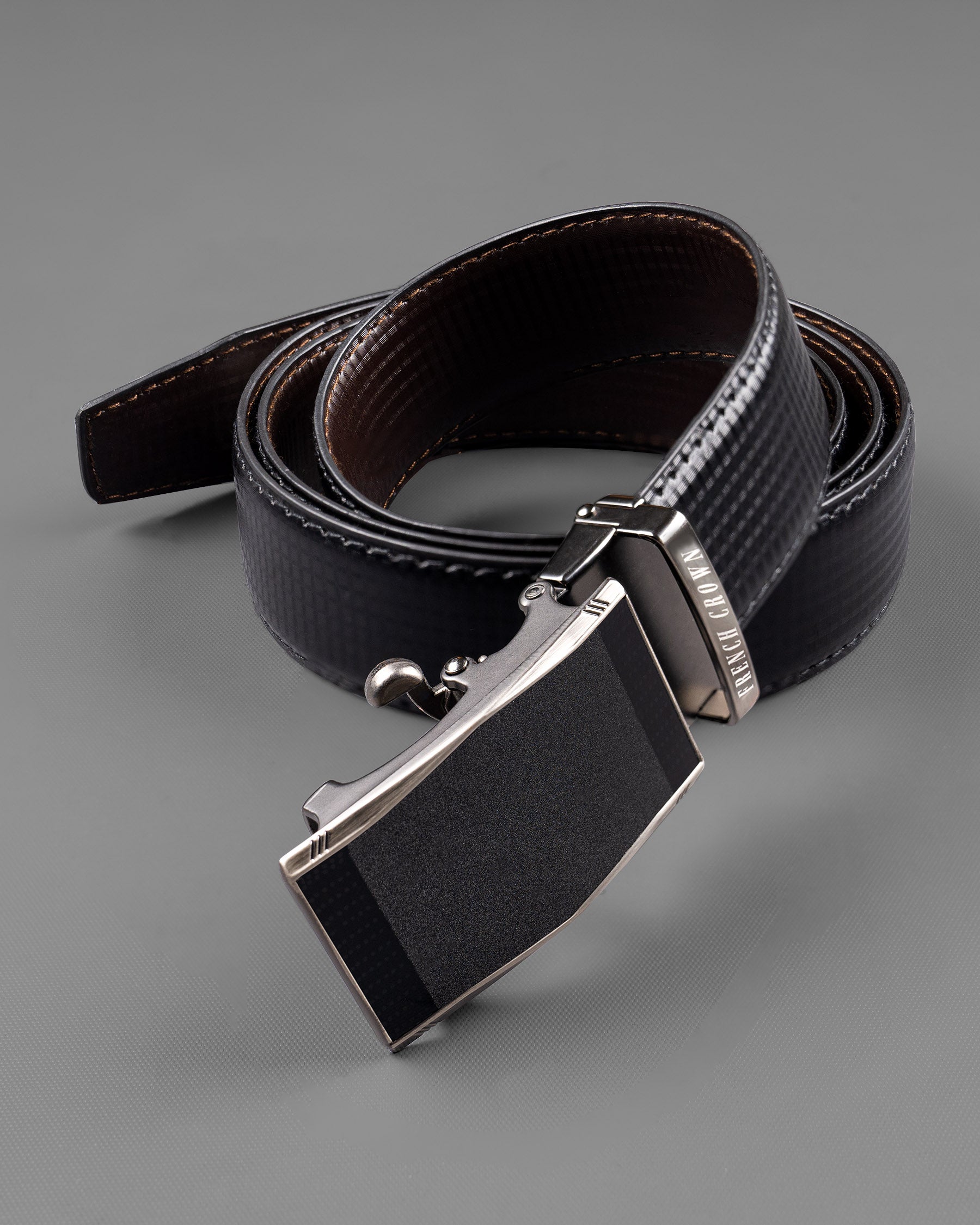 Glossy Black wave Patterned buckle No hole Reversible jade Black and Brown Vegan Leather Handcrafted Belt