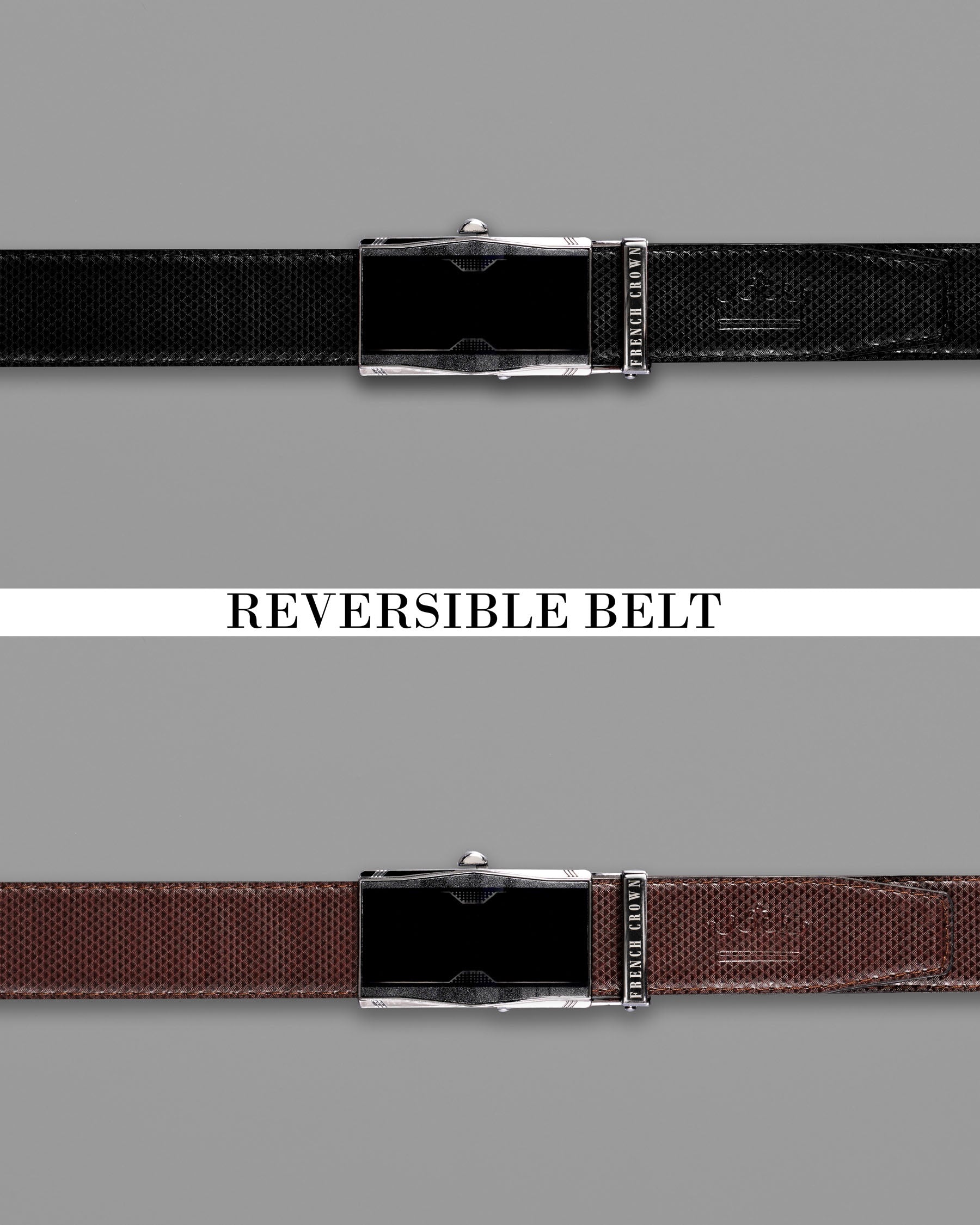 Matt Grey with Jade black Patterned No hole buckle Reversible Black and Brown Vegan Leather Handcrafted Belt BT038-28, BT038-30, BT038-32, BT038-34, BT038-36, BT038-38