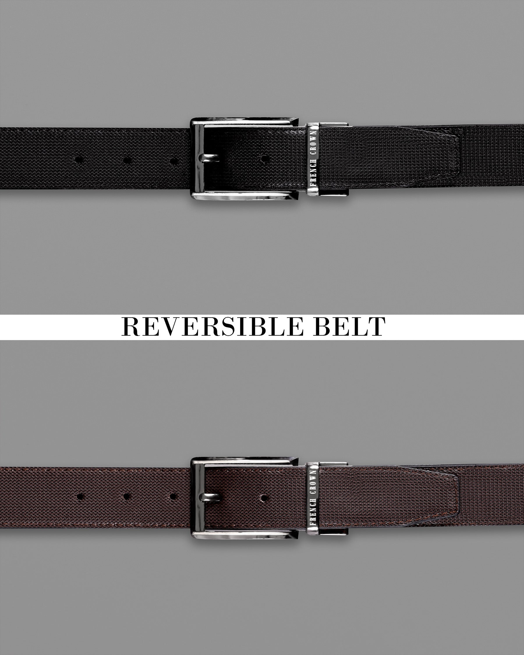 Glossy Grey with Golden buckled Reversible Black and Brown Vegan Leather Handcrafted Belt BT045-28, BT045-30, BT045-32, BT045-34, BT045-36, BT045-38