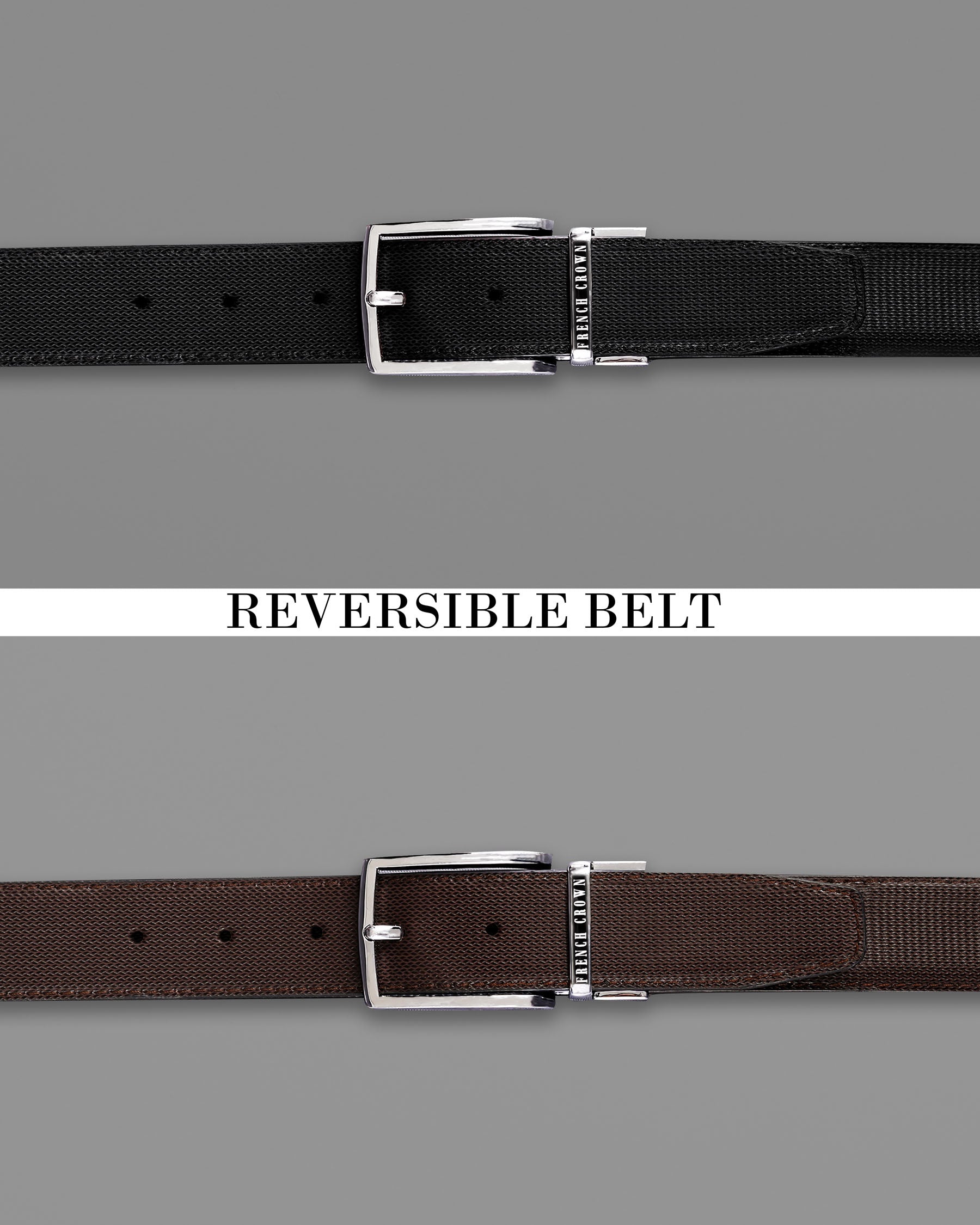 Silver  buckled Subtle Textured Reversible jade Black and Brown Vegan Leather Handcrafted Belt BT048-28, BT048-30, BT048-32, BT048-34, BT048-36, BT048-38