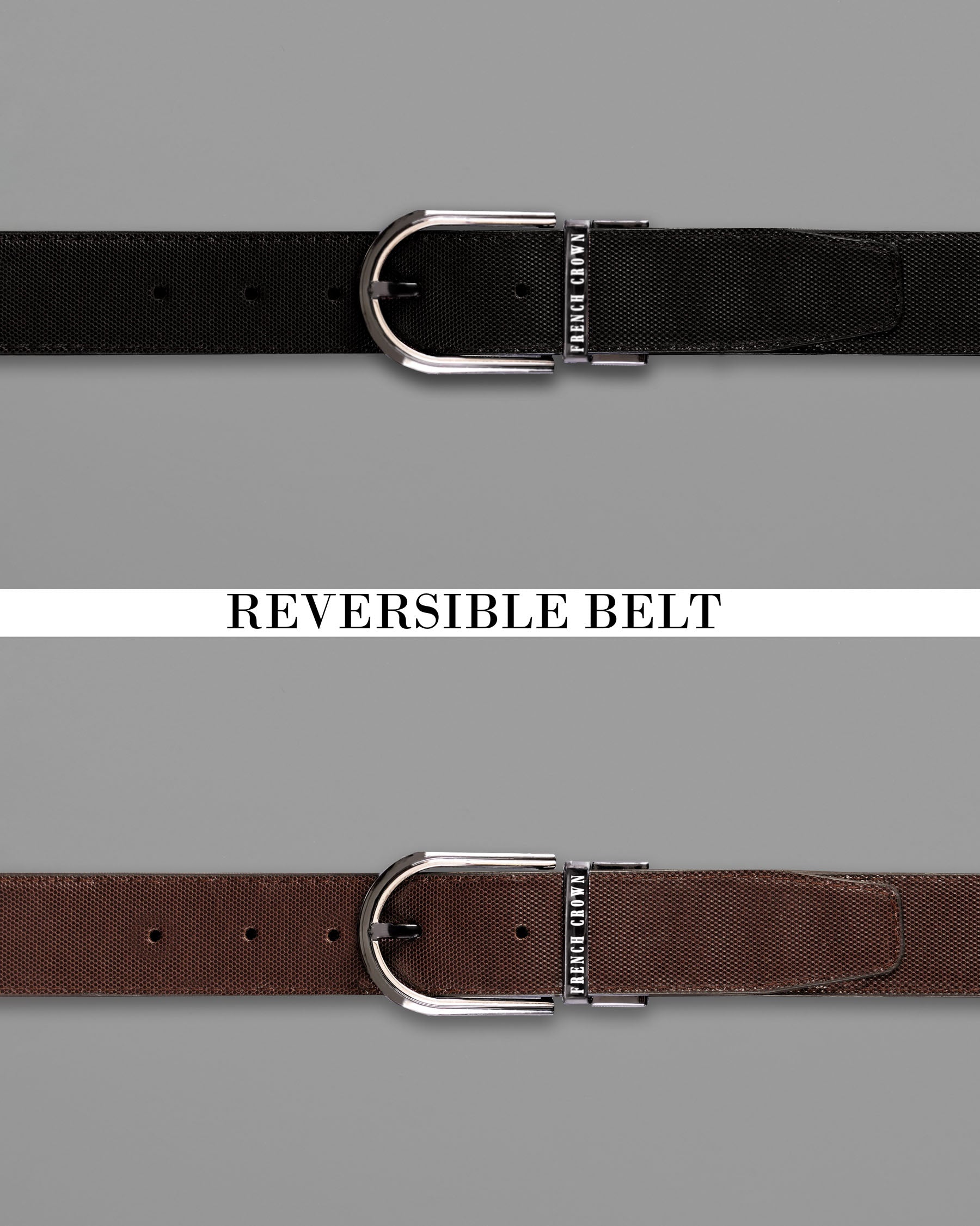 Glossy grey with Golden oval buckled Reversible jade Black and Brown Vegan Leather Handcrafted Belt BT050-28, BT050-30, BT050-32, BT050-34, BT050-36, BT050-38