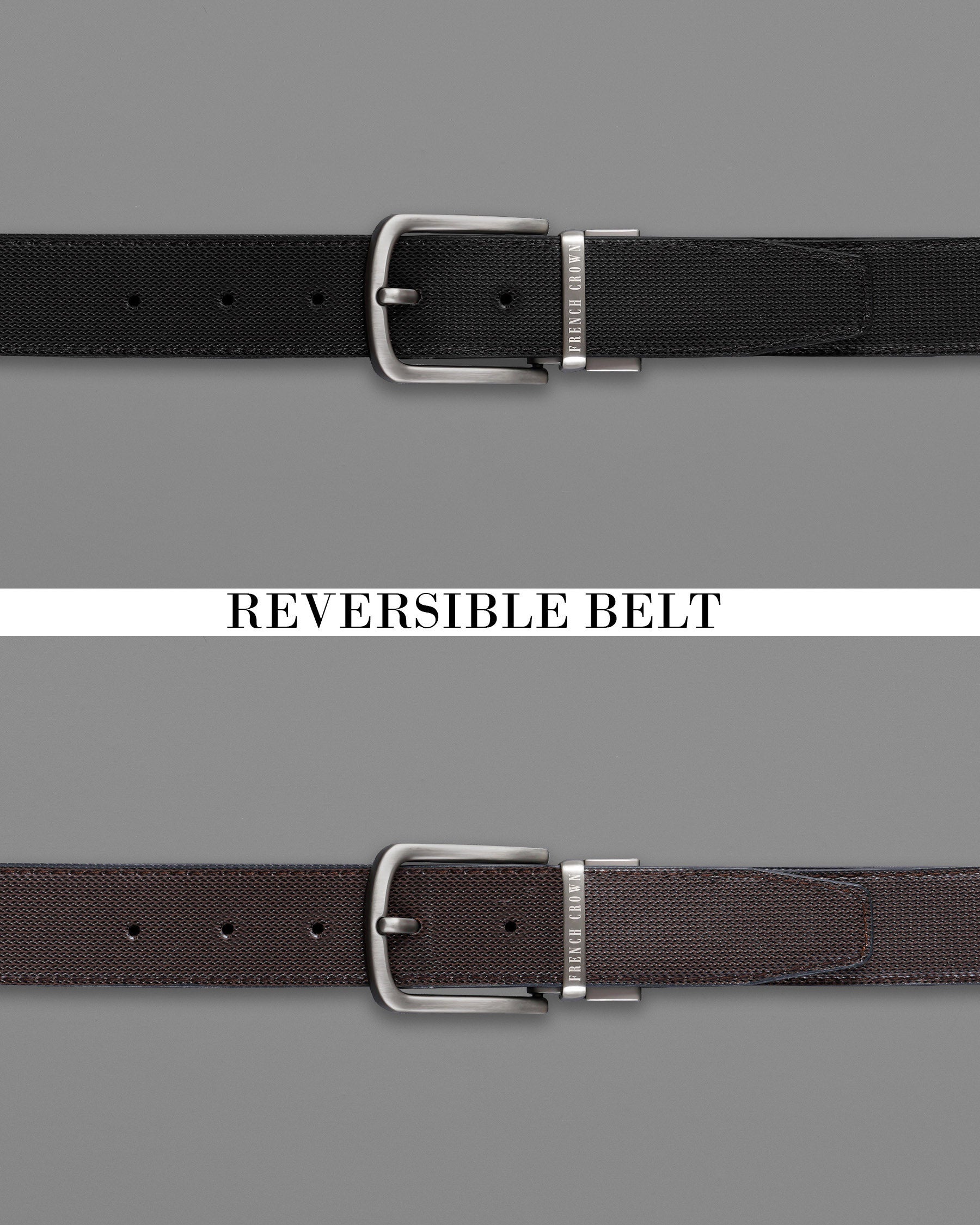 Silver Metallic Buckle Glossy Finish with Jade Black and Brown Leather Free Handcrafted Reversible Belt BT055-28, BT055-30, BT055-32, BT055-34, BT055-36, BT055-38