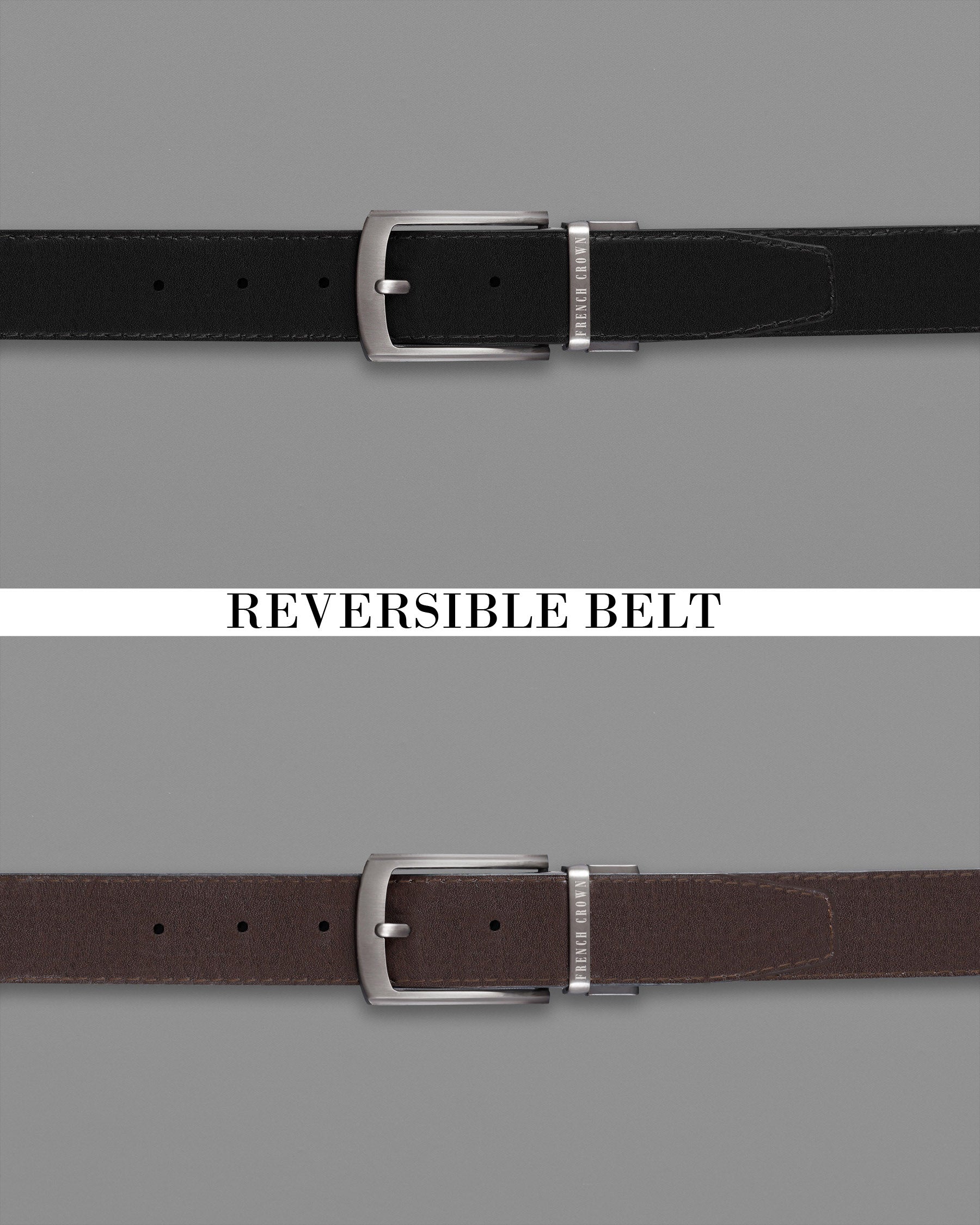 Shiny Silver Buckle with Jade Black and Brown Leather Free Handcrafted Reversible Belt BT057-28, BT057-30, BT057-32, BT057-34, BT057-36, BT057-38