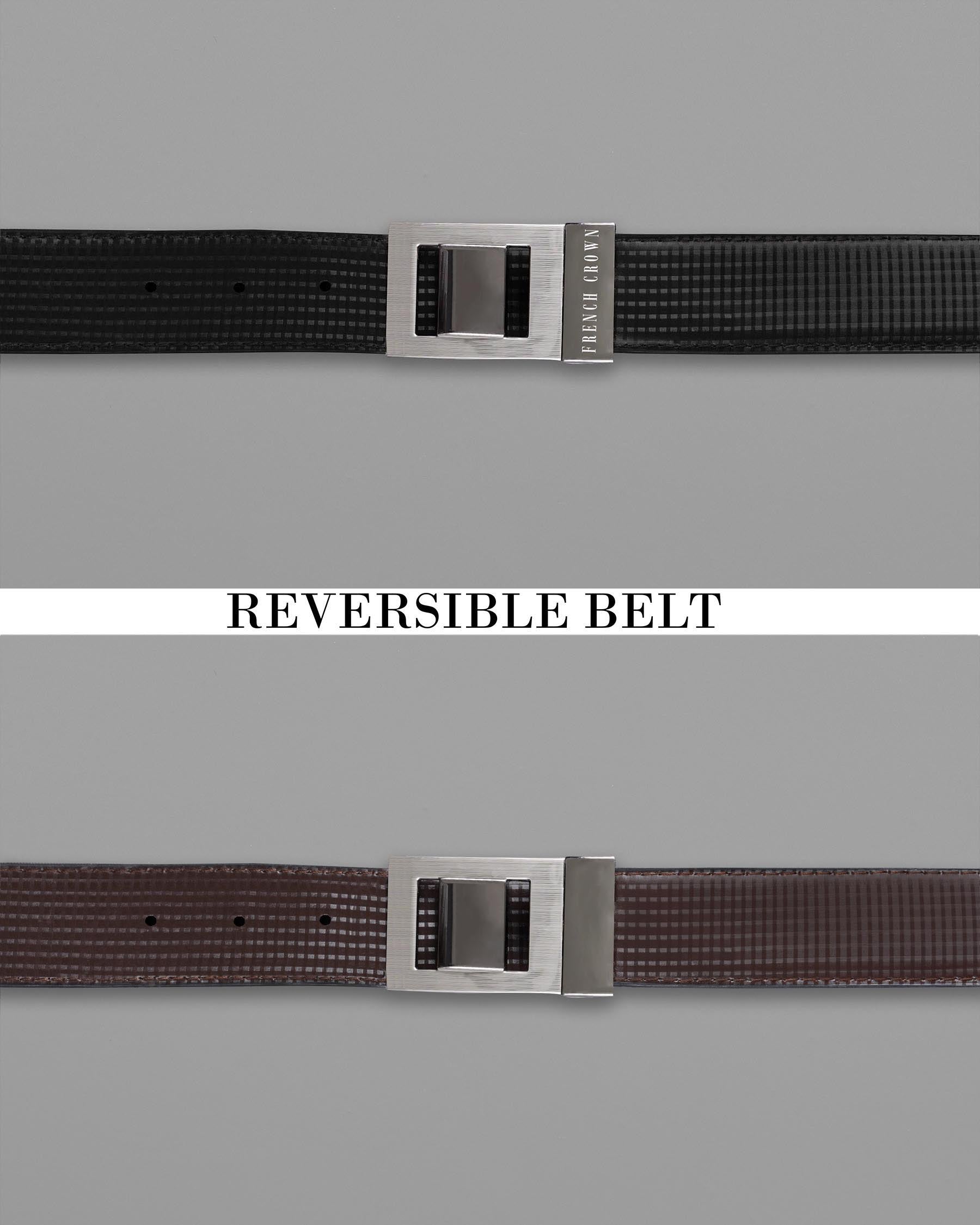 Silver Box Buckle with Shiny Black Design Jade Black and Brown Leather Free Handcrafted Reversible Belt BT062-28, BT062-30, BT062-32, BT062-34, BT062-36, BT062-38