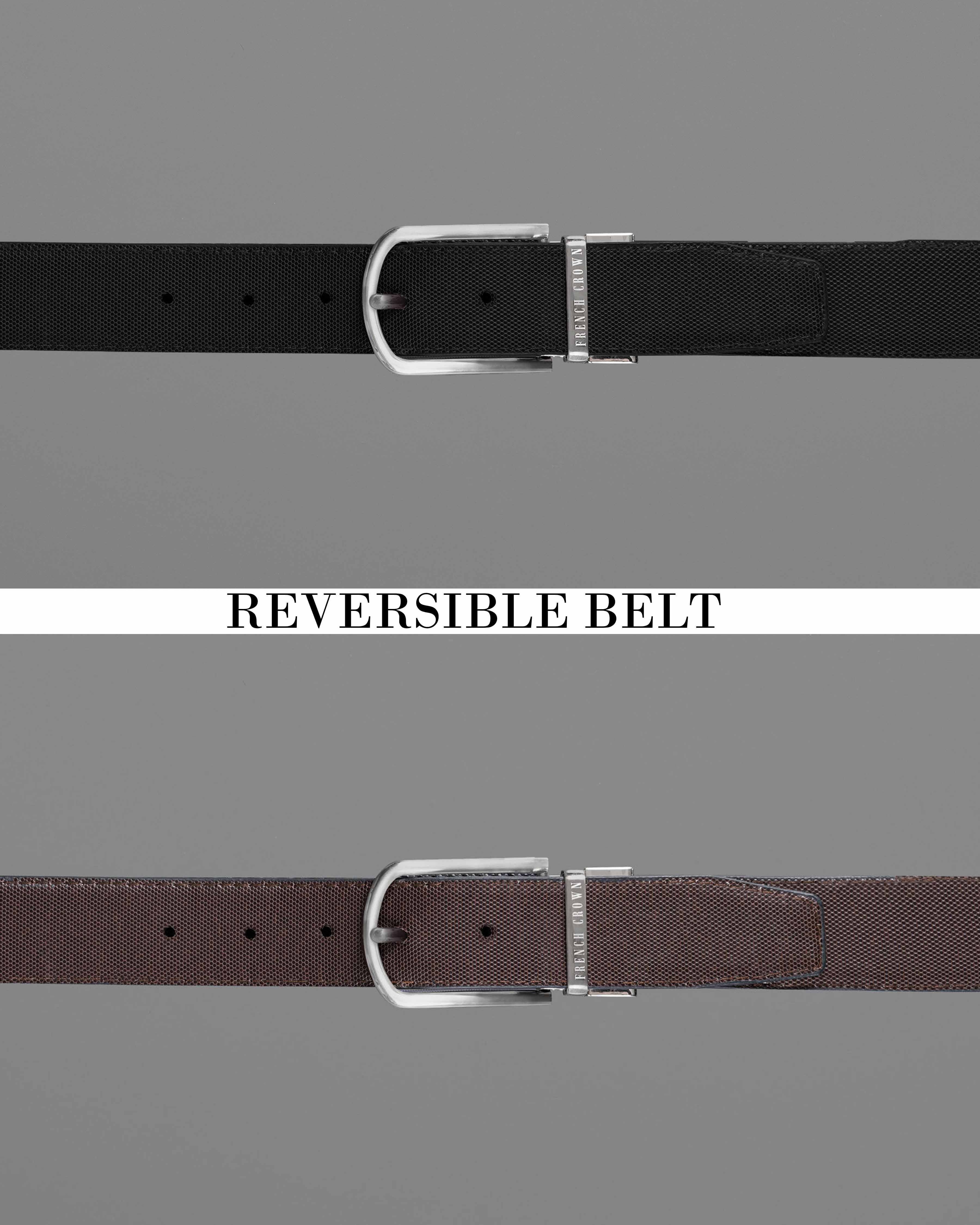 Silver Metallic Buckle with Jade Black and Brown Leather Free Handcrafted Reversible Belt BT067-28, BT067-30, BT067-32, BT067-34, BT067-36, BT067-38