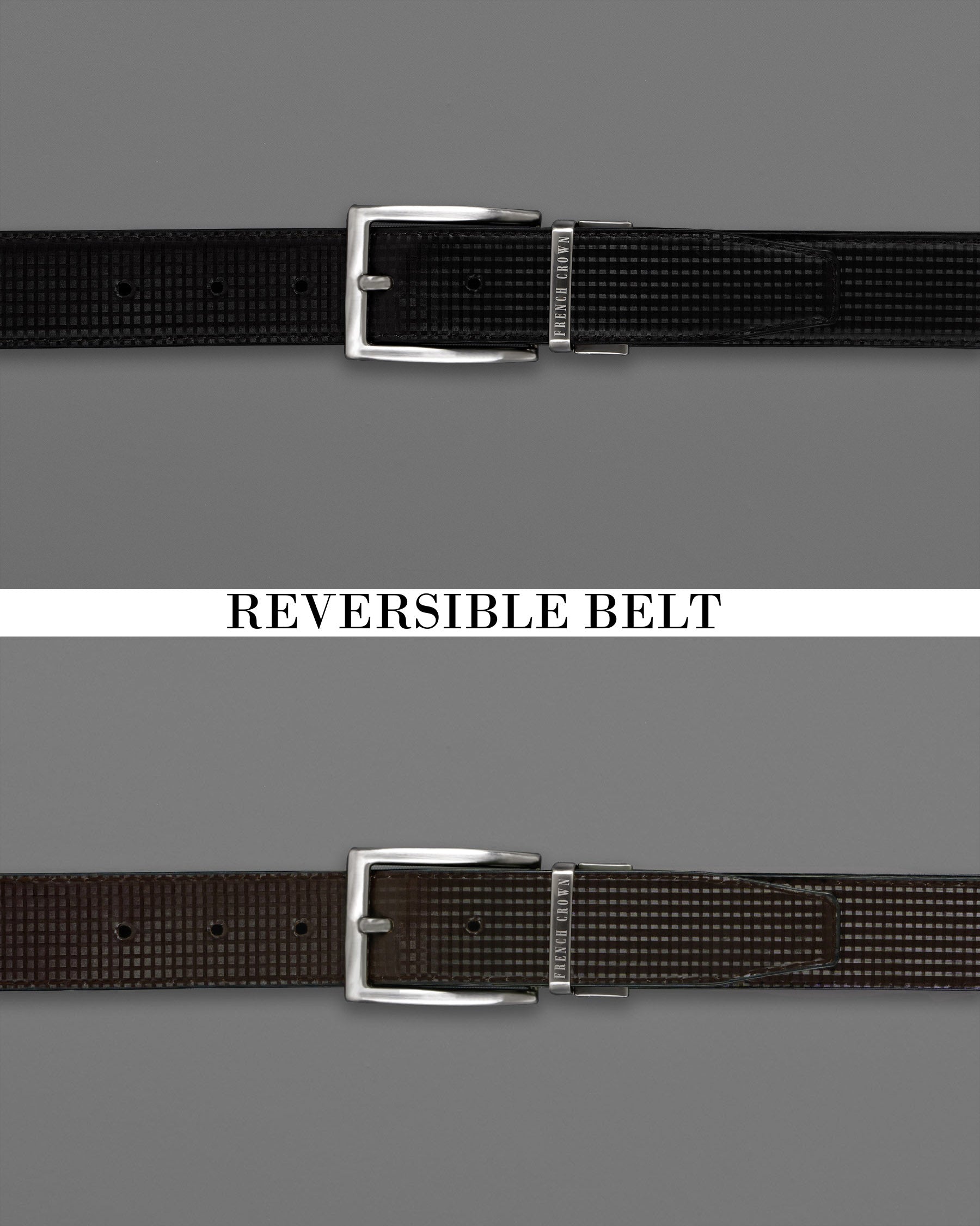 Silver Metallic Shiny Buckle with Jade Black and Dark Brown Leather Free Handcrafted Reversible Belt BT068-28, BT068-30, BT068-32, BT068-34, BT068-36, BT068-38