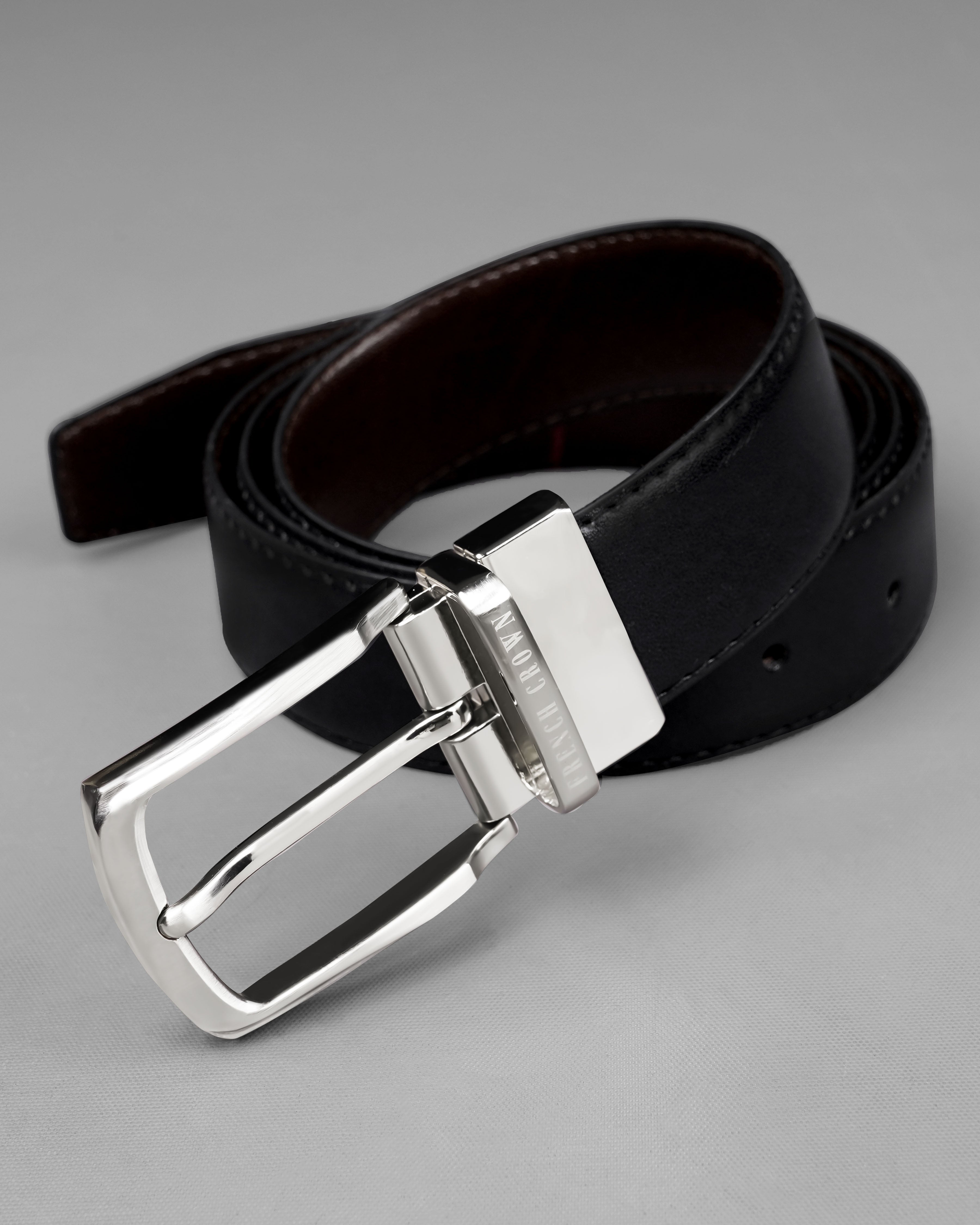 Silver Metallic Buckle with Jade Black and Brown Leather Free Handcrafted Reversible Belt BT097-28, BT097-30, BT097-32, BT097-34, BT097-36, BT097-38