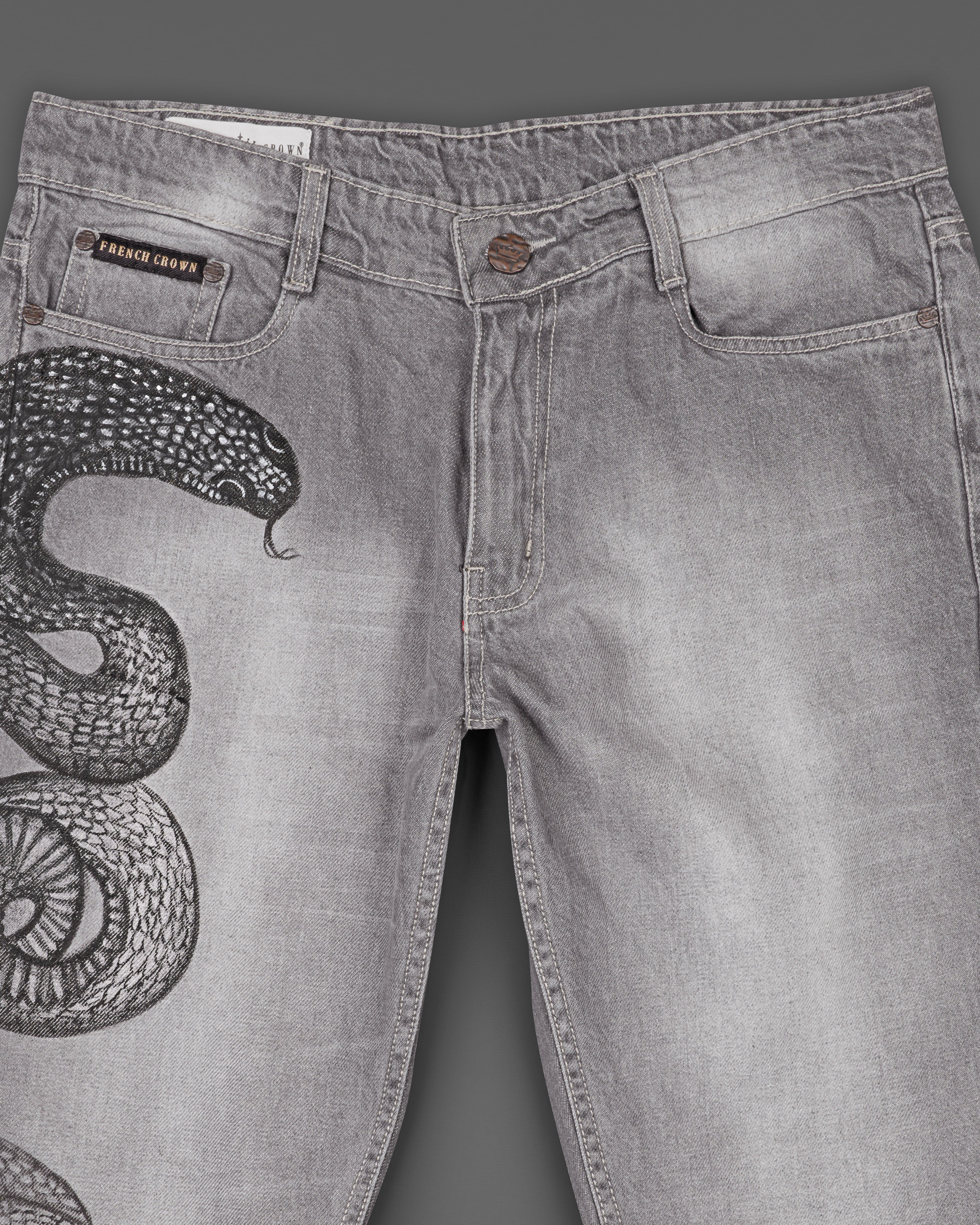 Monsoon Gray Snake Hand-Painted Stone Washed Denim J078-ART-32, J078-ART-34, J078-ART-36, J078-ART-38, J078-ART-40