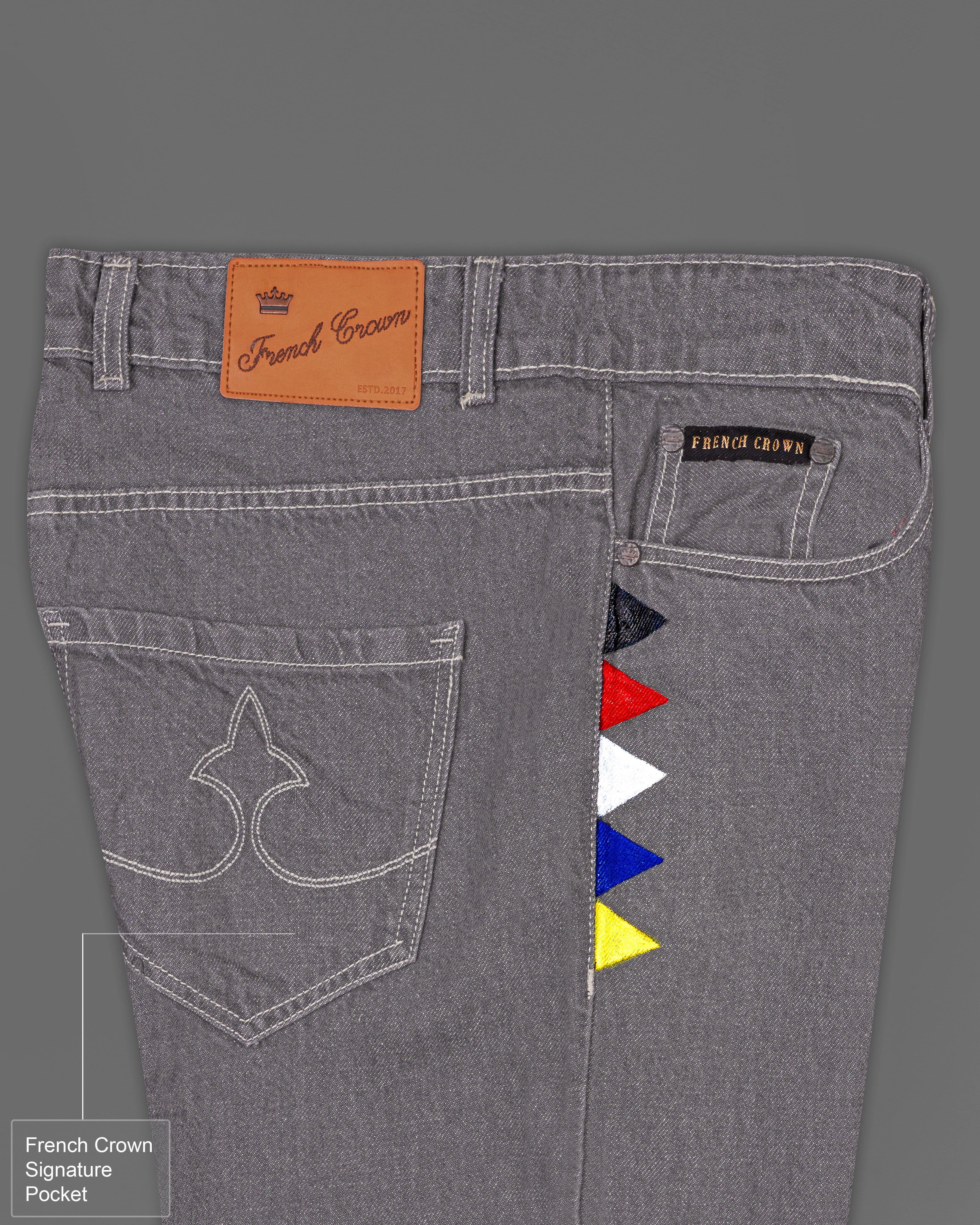 Flint Gray Multicolour Hand Painted Rinse Wash Denim J080-ART-32, J080-ART-34, J080-ART-36, J080-ART-38, J080-ART-40