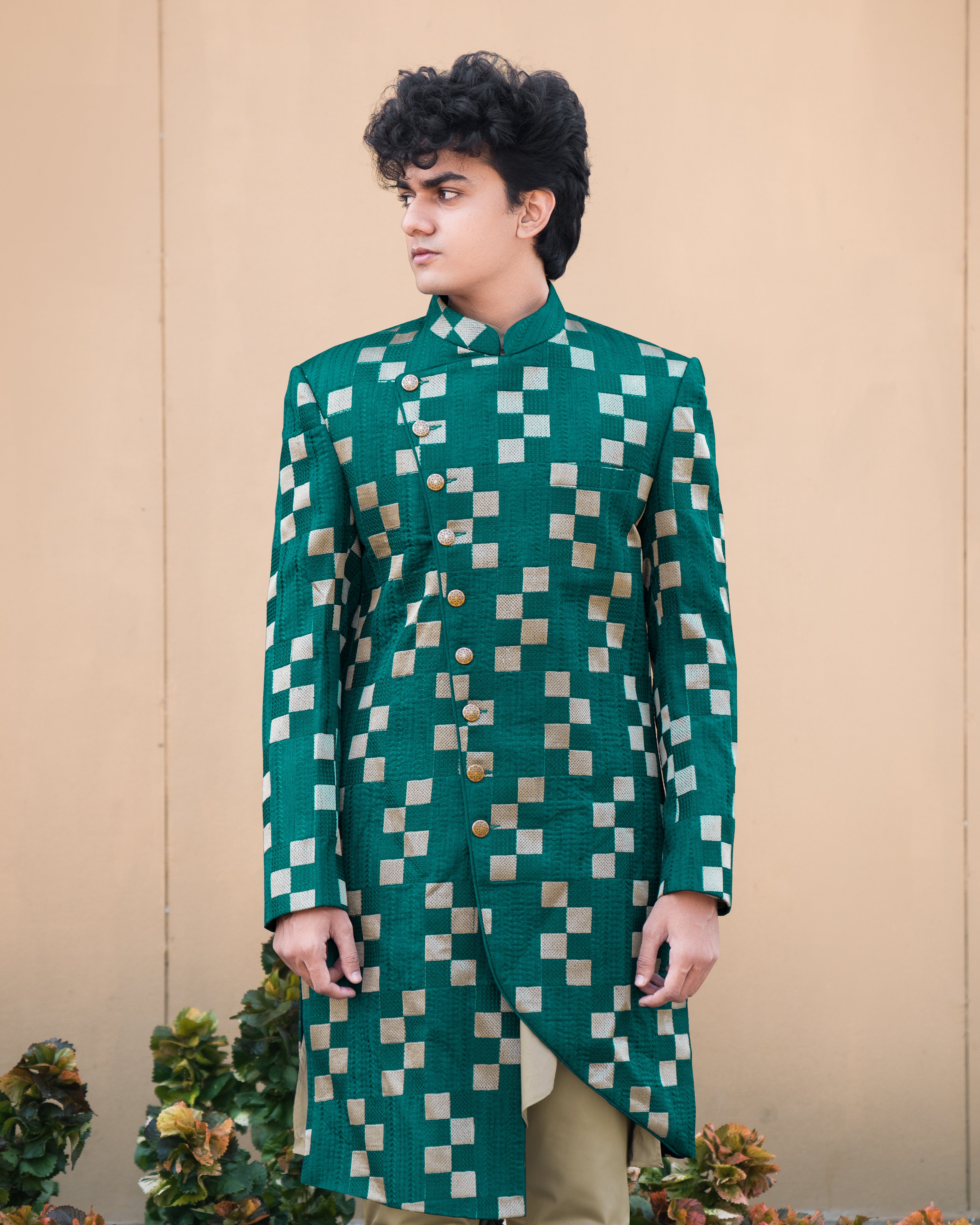 Dark Teal Green with Periglacial Cream Checked Velvet with Cotton Embroidered Thread Work Asymmetrical Patterned Cross Buttoned Bandhgala Sherwani SHR006-SRW05-36, SHR006-SRW05-38, SHR006-SRW05-40, SHR006-SRW05-42, SHR006-SRW05-44, SHR006-SRW05-46, SHR006-SRW05-48, SHR006-SRW05-50, SHR006-SRW05-52, SHR006-SRW05-54, SHR006-SRW05-56, SHR006-SRW05-58, SHR006-SRW05-60