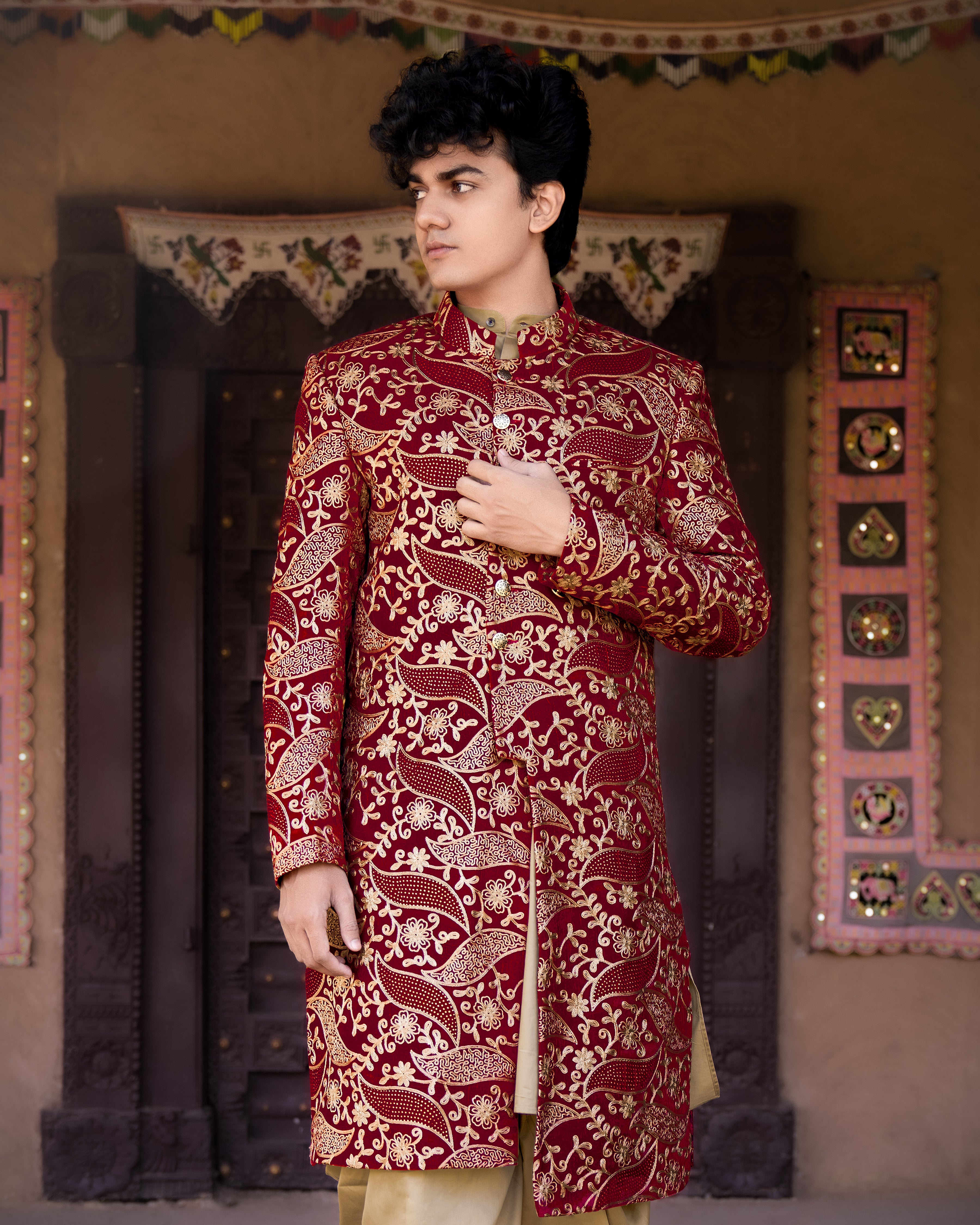Scarlet Maroon with Beaver Brown Velvet Tikki Work with Cotton Embroidered Thread Work Bandhgala Sherwani SHR005-SRW07-36, SHR005-SRW07-38, SHR005-SRW07-40, SHR005-SRW07-42, SHR005-SRW07-44, SHR005-SRW07-46, SHR005-SRW07-48, SHR005-SRW07-50, SHR005-SRW07-52, SHR005-SRW07-54, SHR005-SRW07-56, SHR005-SRW07-58, SHR005-SRW07-60