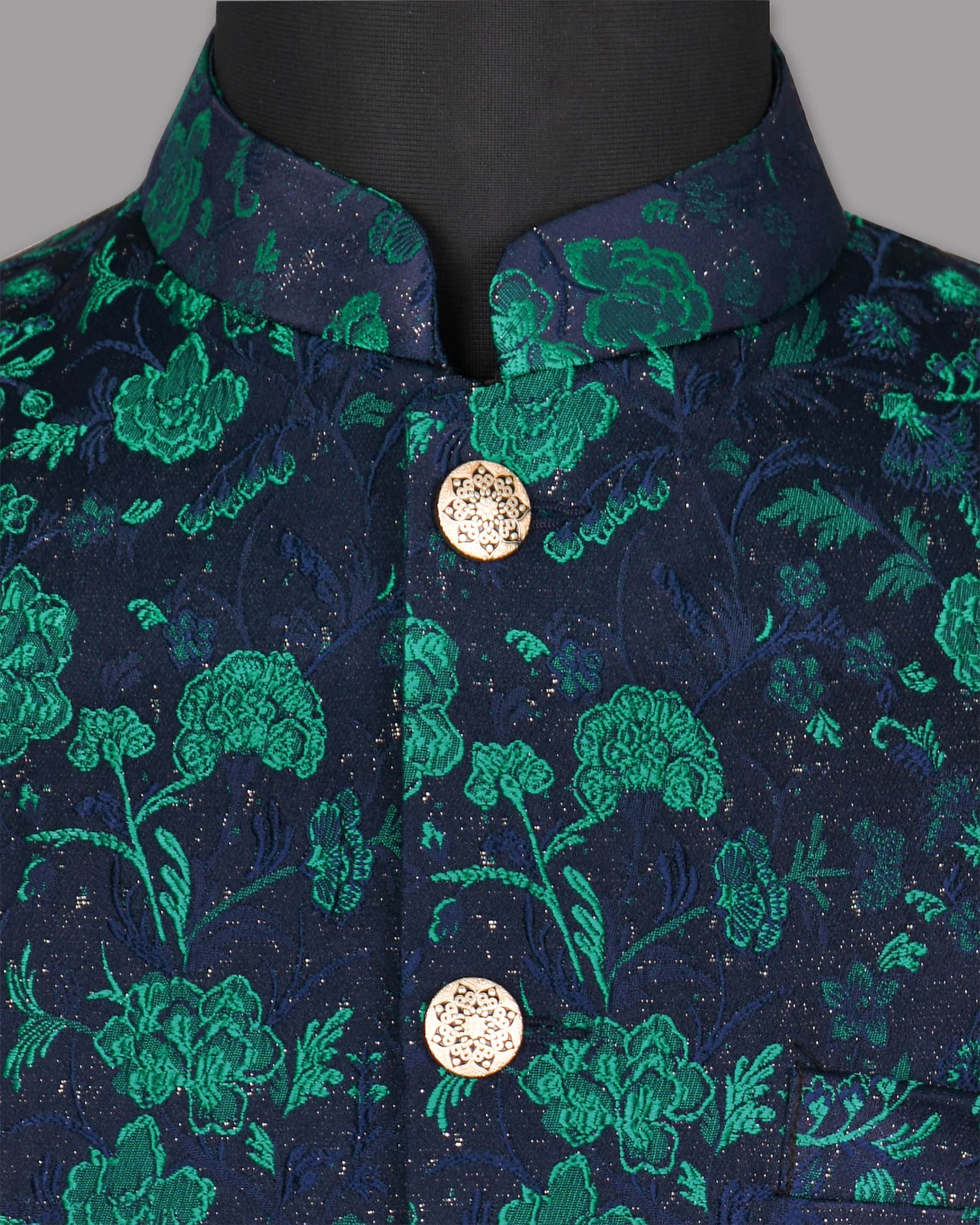 Navy with Tonal and Turquois Floral Jacquard Designer Nehru Jacket