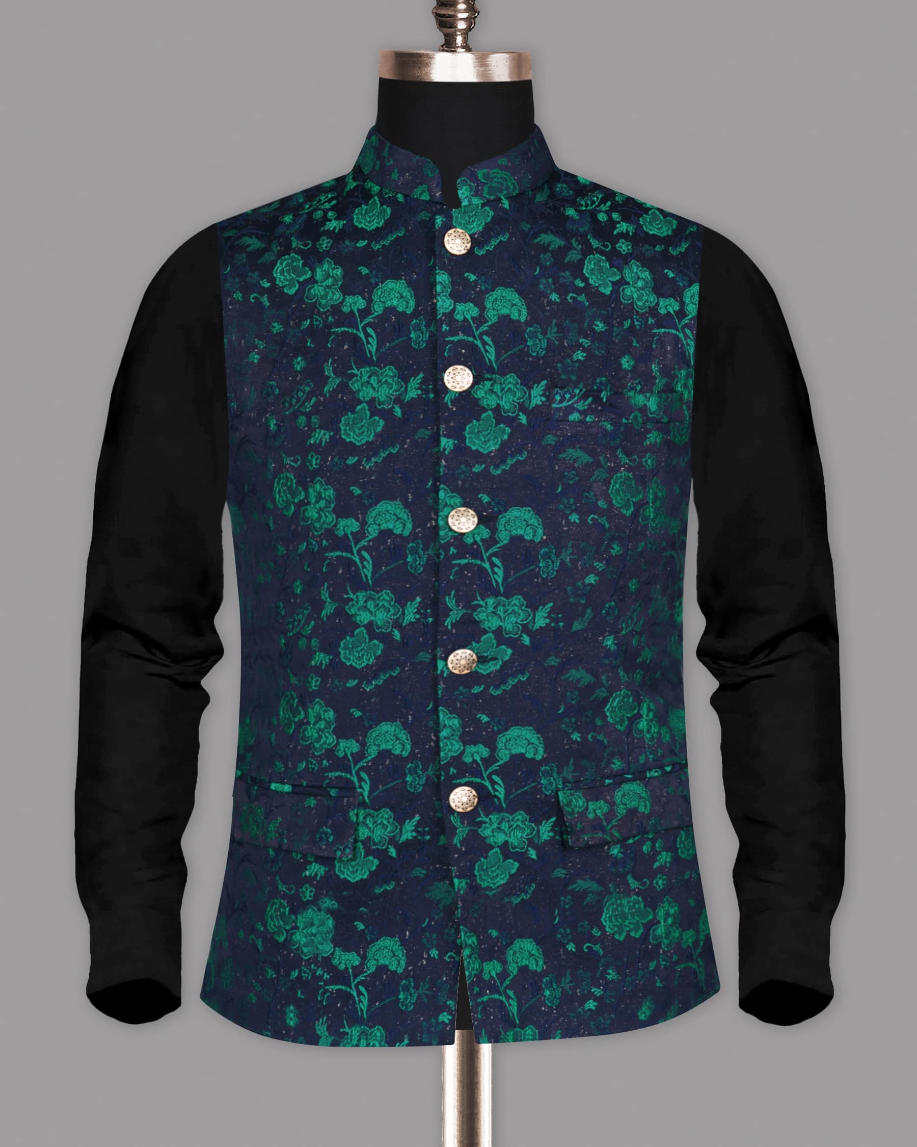 Navy with Tonal and Turquois Floral Jacquard Designer Nehru Jacket