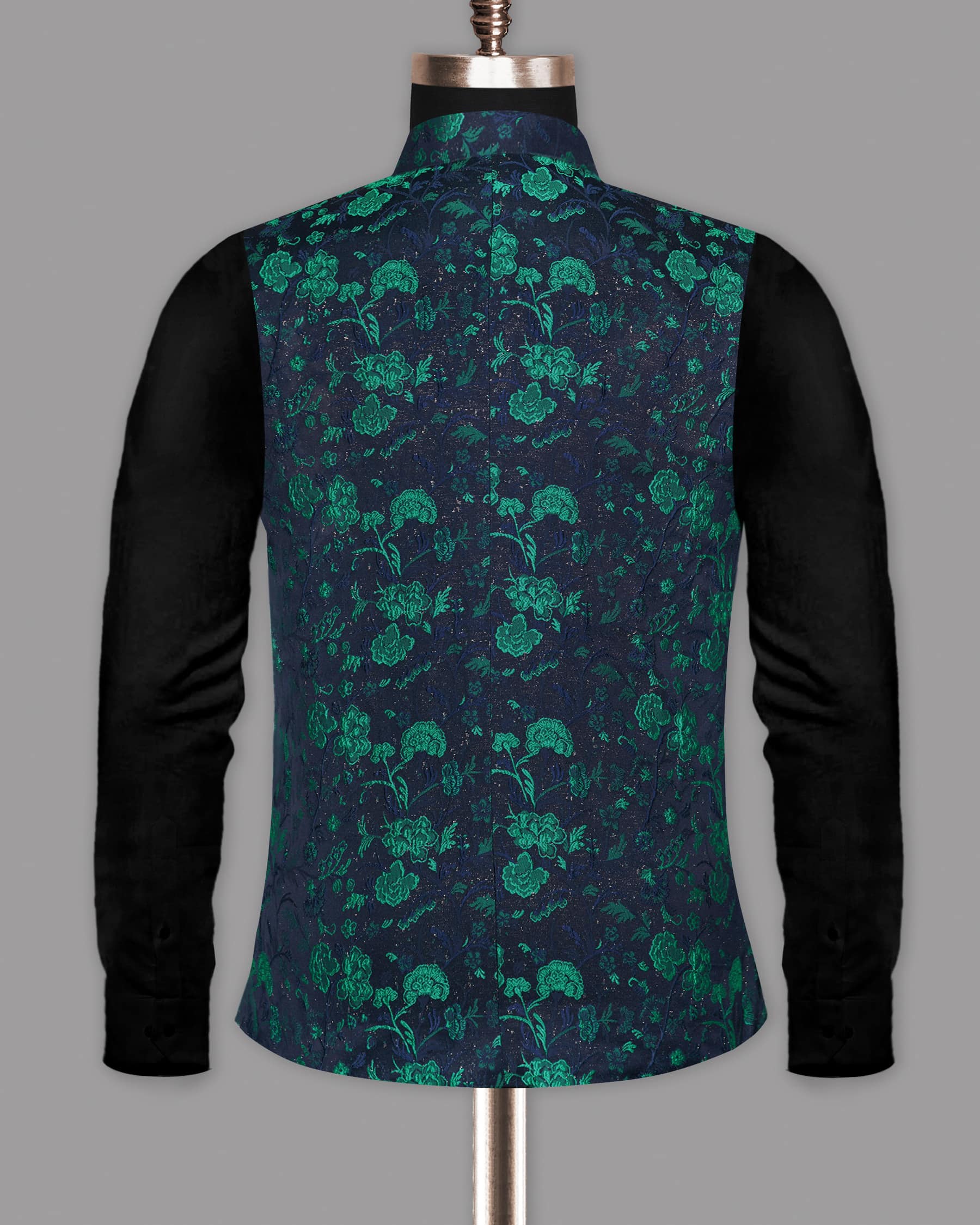 Navy with Tonal and Turquois Floral Jacquard Designer Nehru Jacket