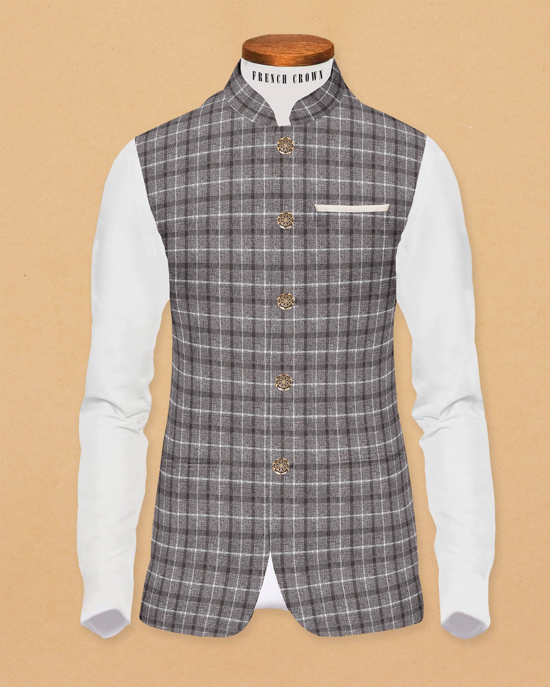 Cedar Brown Plaid Nehru Jacket WC66BG-52, WC66BG-36, WC66BG-50, WC66BG-44, WC66BG-48, WC66BG-42, WC66BG-54, WC66BG-60, WC66BG-38, WC66BG-46, WC66BG-56, WC66BG-58, WC66BG-40