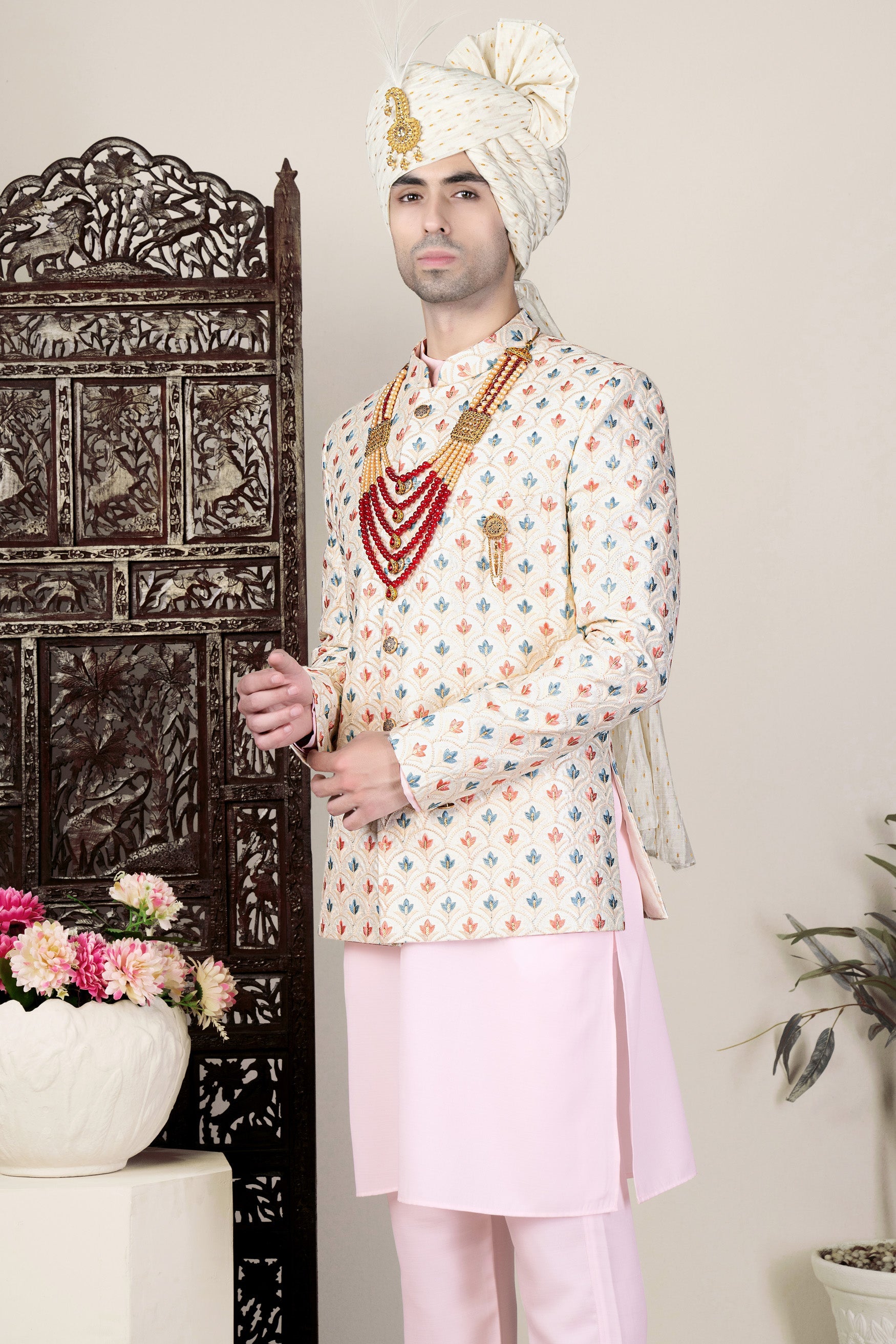 Ecru Cream and Heather Blue Multicolour Thread Embroidered Jodhpuri