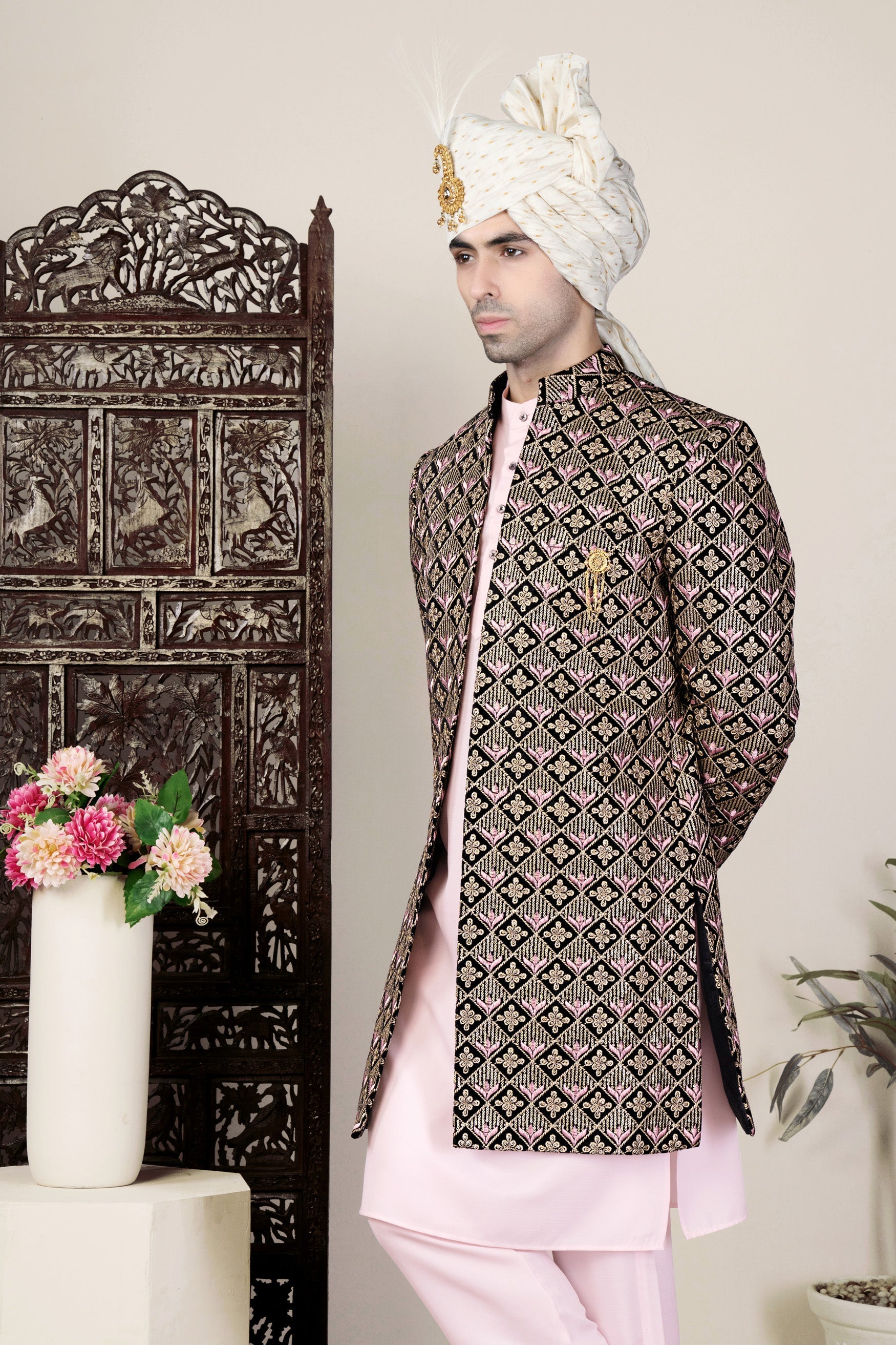 Jade Black and Wewak Pink Geometric Thread Embroidered Indo-Western