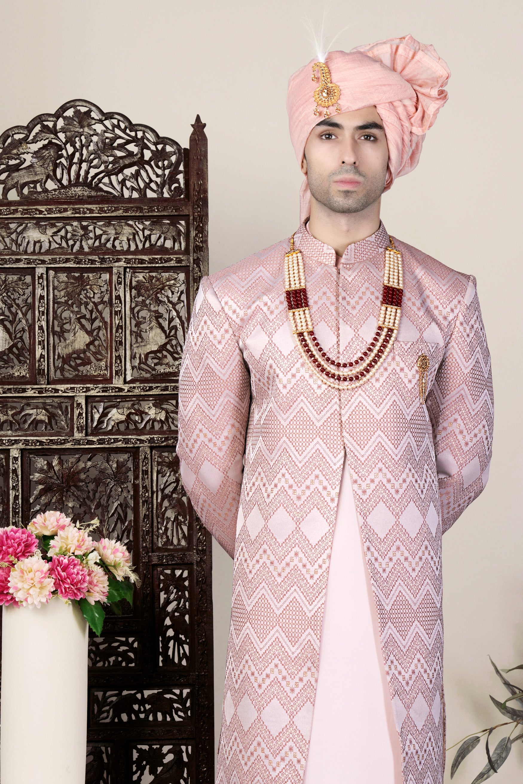 Blossom Pink Thread and Chevron Sequin Embroidered Indo-Western Sherwani