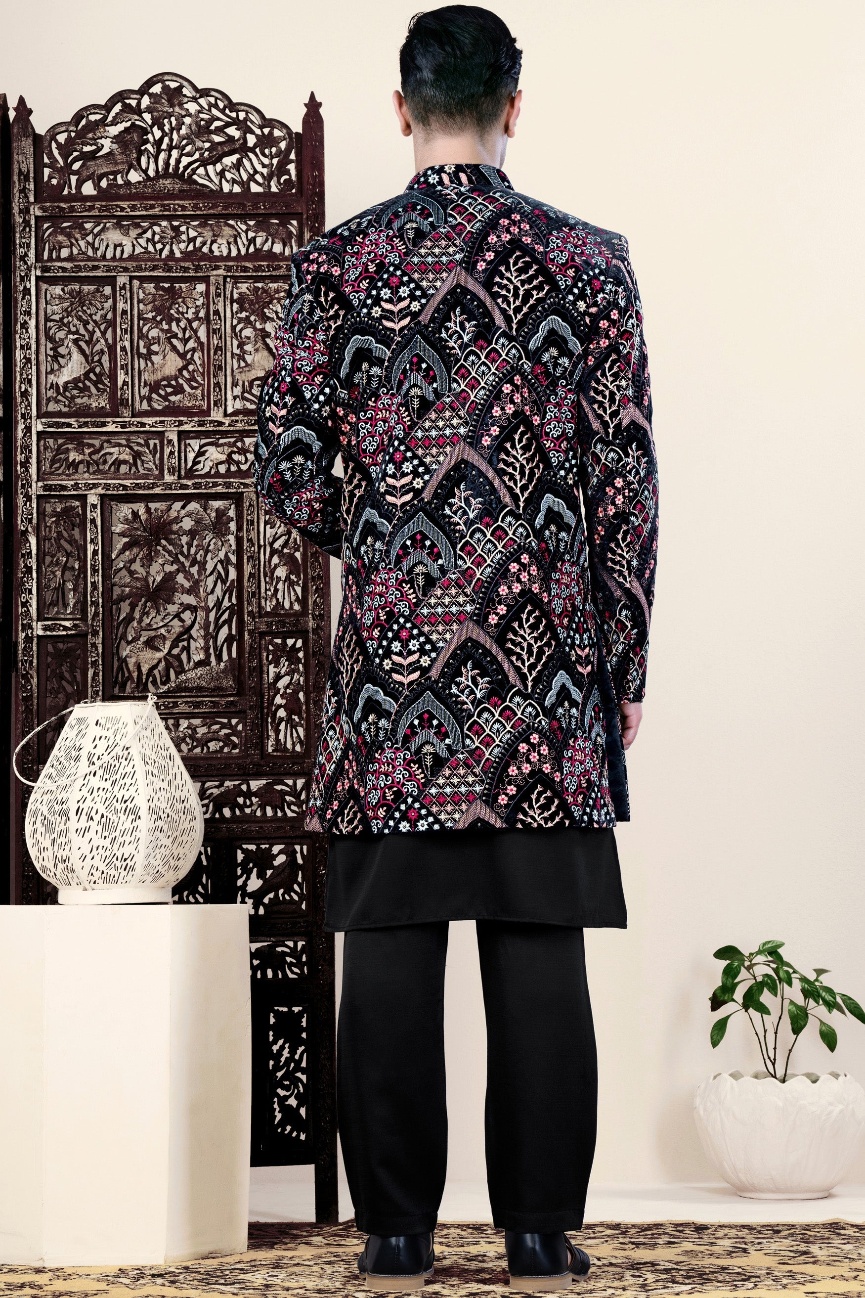 Jade Black with Tyrian Pink and Opium Brown Multicolour Floral Embroidered Indo-Western Set