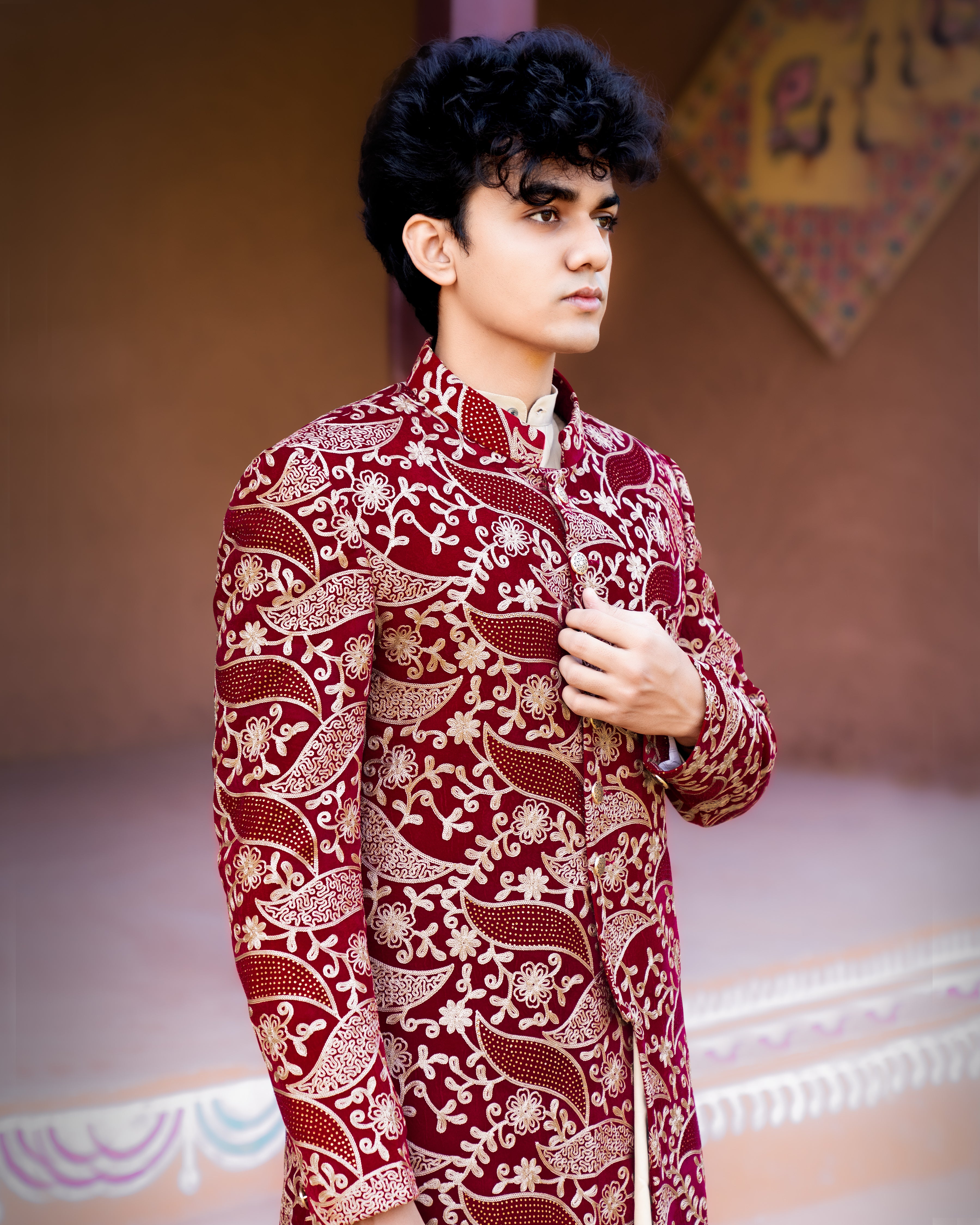 Scarlet Maroon with Beaver Brown Velvet Tikki Work with Cotton Embroidered Thread Work Bandhgala Sherwani SHR005-SRW07-36, SHR005-SRW07-38, SHR005-SRW07-40, SHR005-SRW07-42, SHR005-SRW07-44, SHR005-SRW07-46, SHR005-SRW07-48, SHR005-SRW07-50, SHR005-SRW07-52, SHR005-SRW07-54, SHR005-SRW07-56, SHR005-SRW07-58, SHR005-SRW07-60
