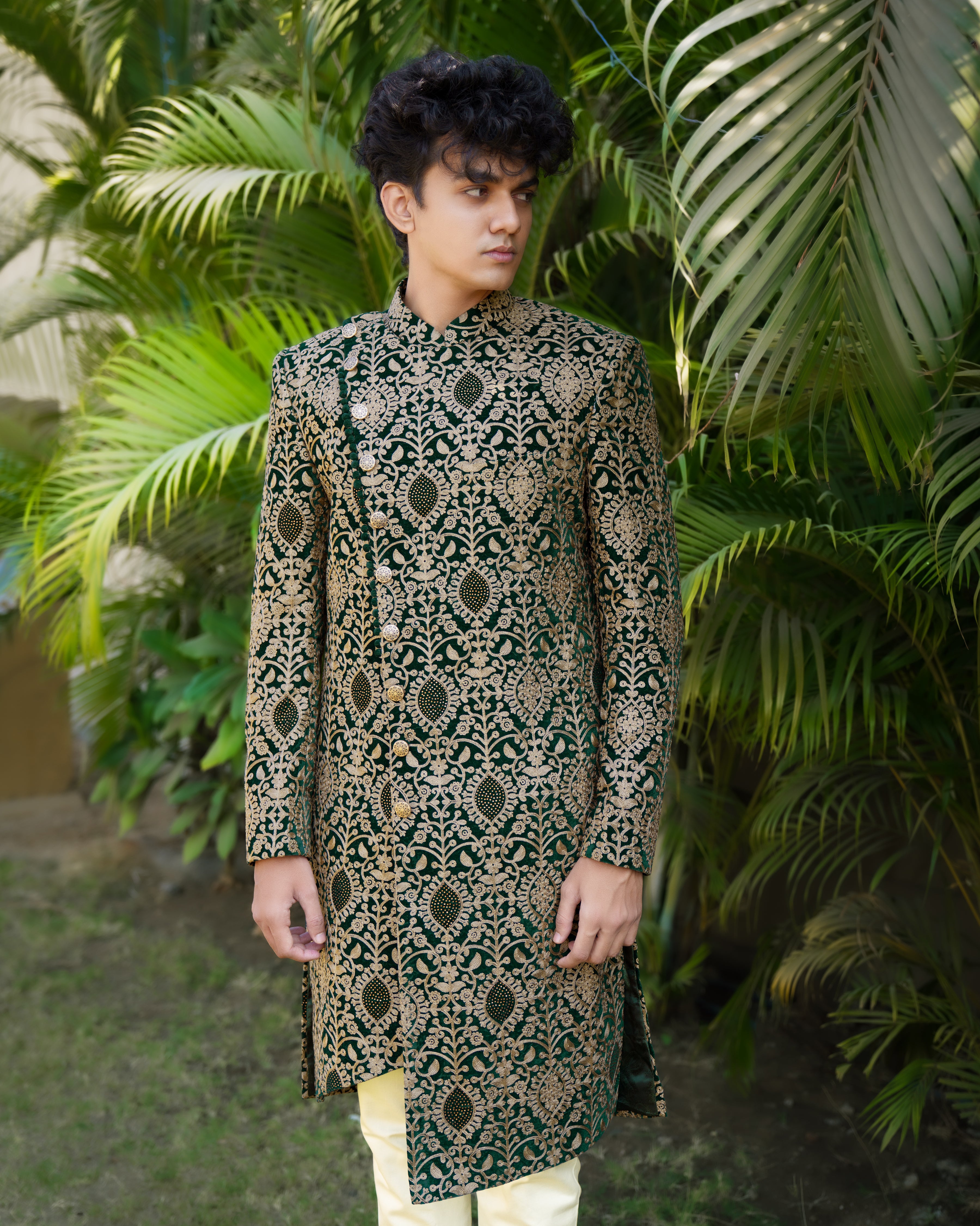 Muesli Brown with Burnham Green Velvet Tikki Work with Cotton Embroidered Thread Work Asymmetrical Patterned Cross Buttoned Badhgala Sherwani SHR012-SRW02-36, SHR012-SRW02-38, SHR012-SRW02-40, SHR012-SRW02-42, SHR012-SRW02-44, SHR012-SRW02-46, SHR012-SRW02-48, SHR012-SRW02-50, SHR012-SRW02-52, SHR012-SRW02-54, SHR012-SRW02-56, SHR012-SRW02-58, SHR012-SRW02-60