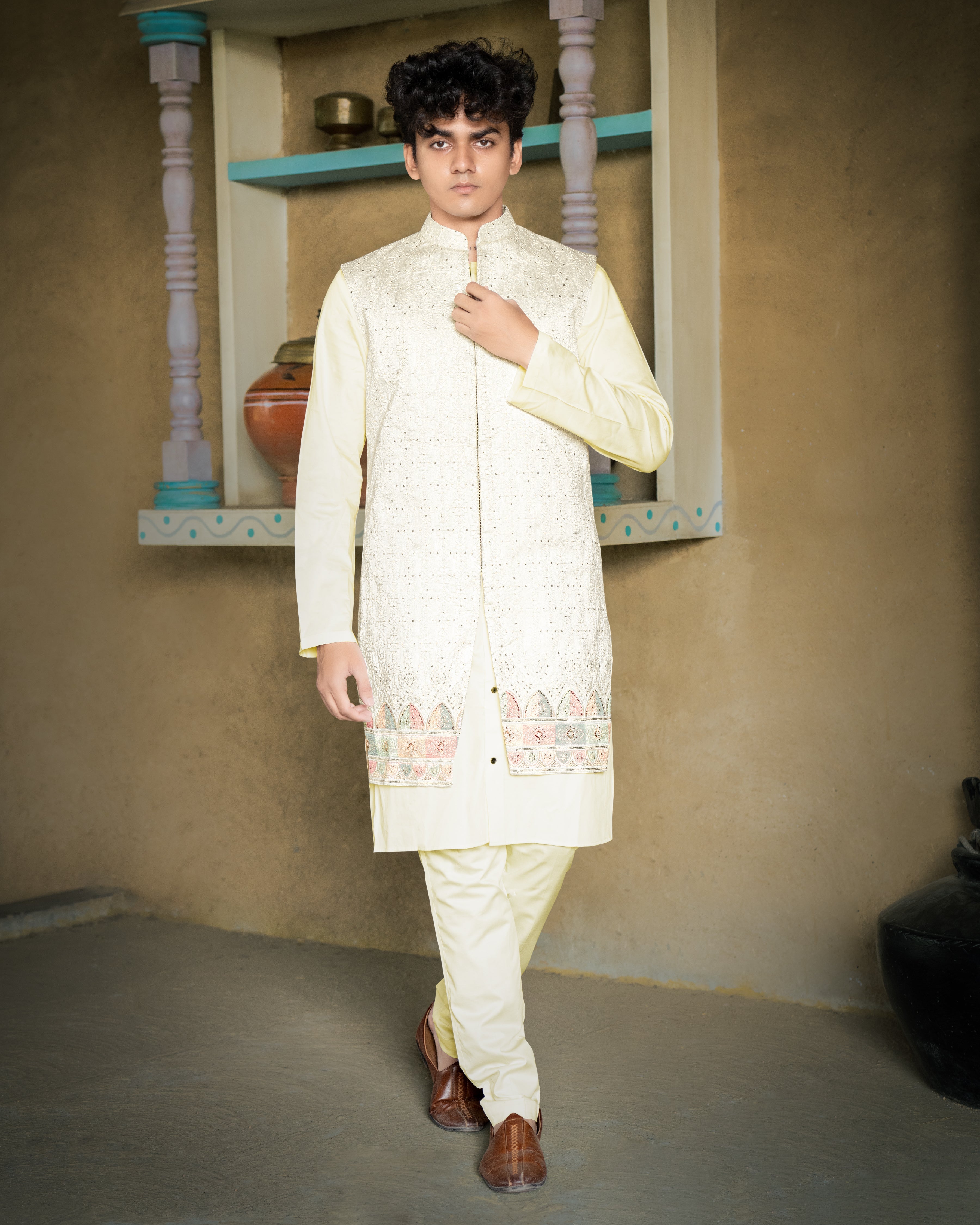 Mercury Off White and Embroider Nehru Long Jacket With Kurta Pajama Set SH016-SRW18-36, SH016-SRW18-38, SH016-SRW18-40, SH016-SRW18-42, SH016-SRW18-44, SH016-SRW18-46, SH016-SRW18-48, SH016-SRW18-50, SH016-SRW18-52, SH016-SRW18-54, SH016-SRW18-56, SH016-SRW18-58, SH016-SRW18-60