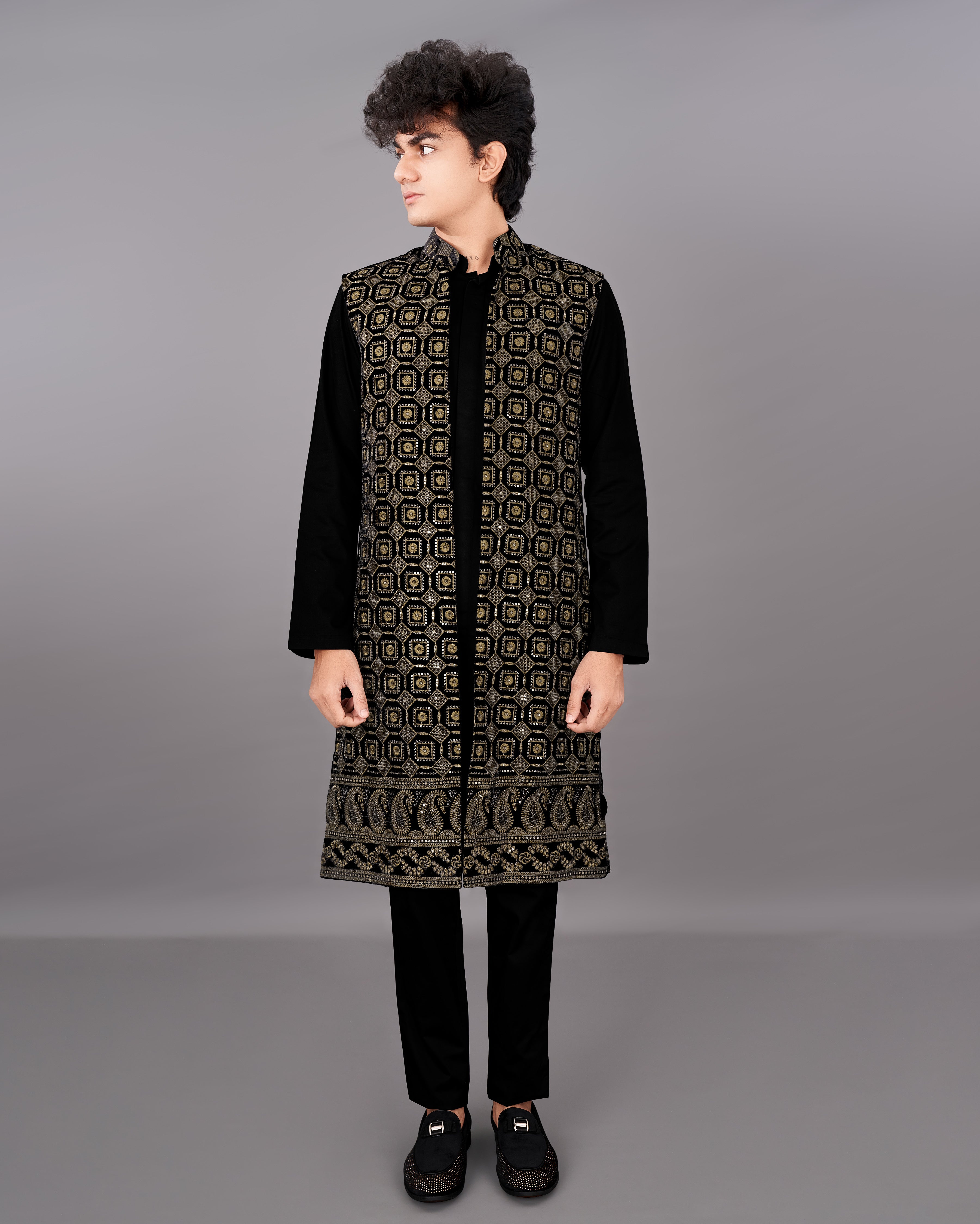 Jade Black with Moccasin Brown Sleeveless Embroidered Indo-Western with Kurta and Pants Set SH017-SRW16-36, SH017-SRW16-38, SH017-SRW16-40, SH017-SRW16-42, SH017-SRW16-44, SH017-SRW16-46, SH017-SRW16-48, SH017-SRW16-50, SH017-SRW16-52, SH017-SRW16-54, SH017-SRW16-56, SH017-SRW16-58, SH017-SRW16-60