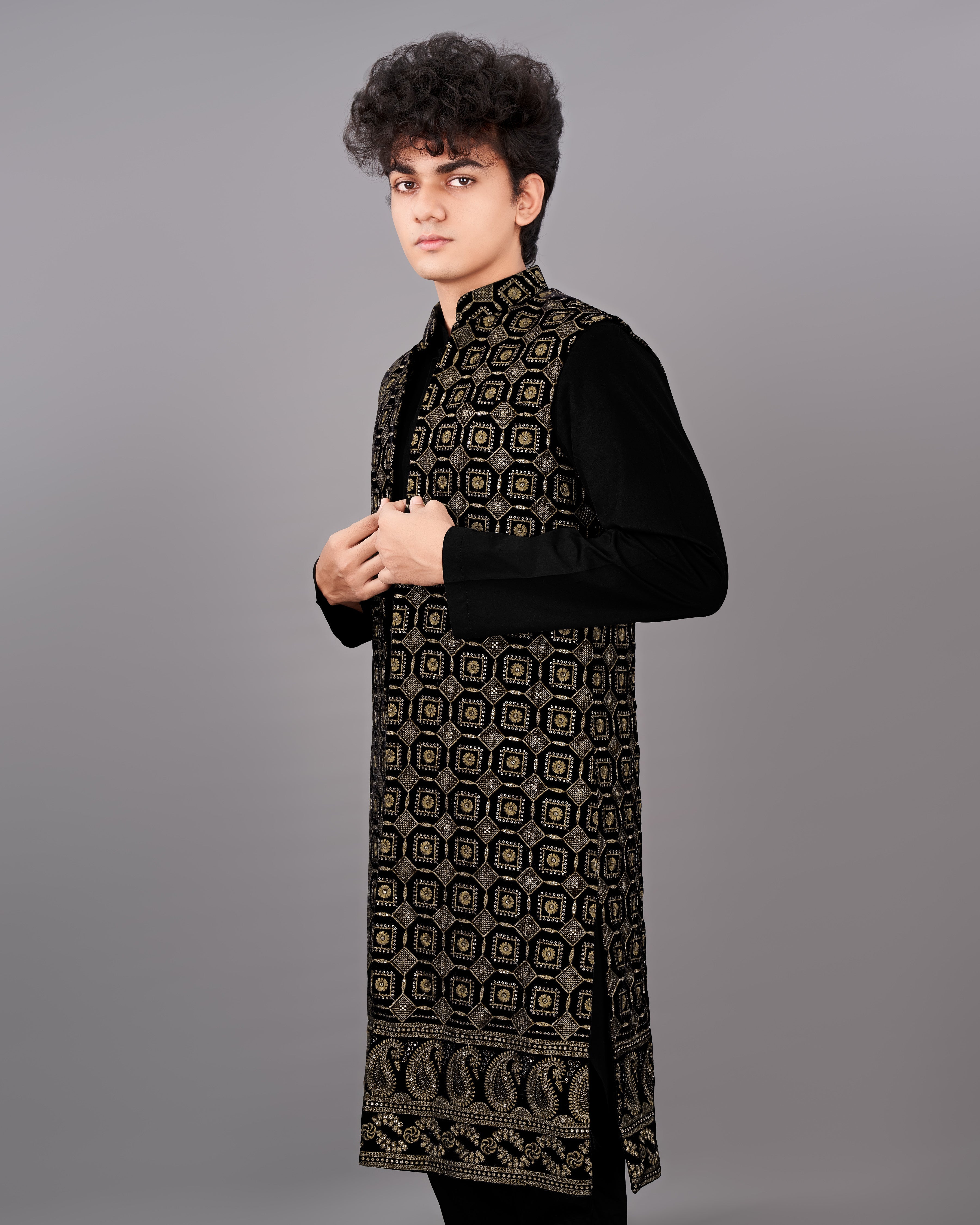 Jade Black with Moccasin Brown Sleeveless Embroidered Indo-Western SHR017-SRW16-36, SHR017-SRW16-38, SHR017-SRW16-40, SHR017-SRW16-42, SHR017-SRW16-44, SHR017-SRW16-46, SHR017-SRW16-48, SHR017-SRW16-50, SHR017-SRW16-52, SHR017-SRW16-54, SHR017-SRW16-56, SHR017-SRW16-58, SHR017-SRW16-60