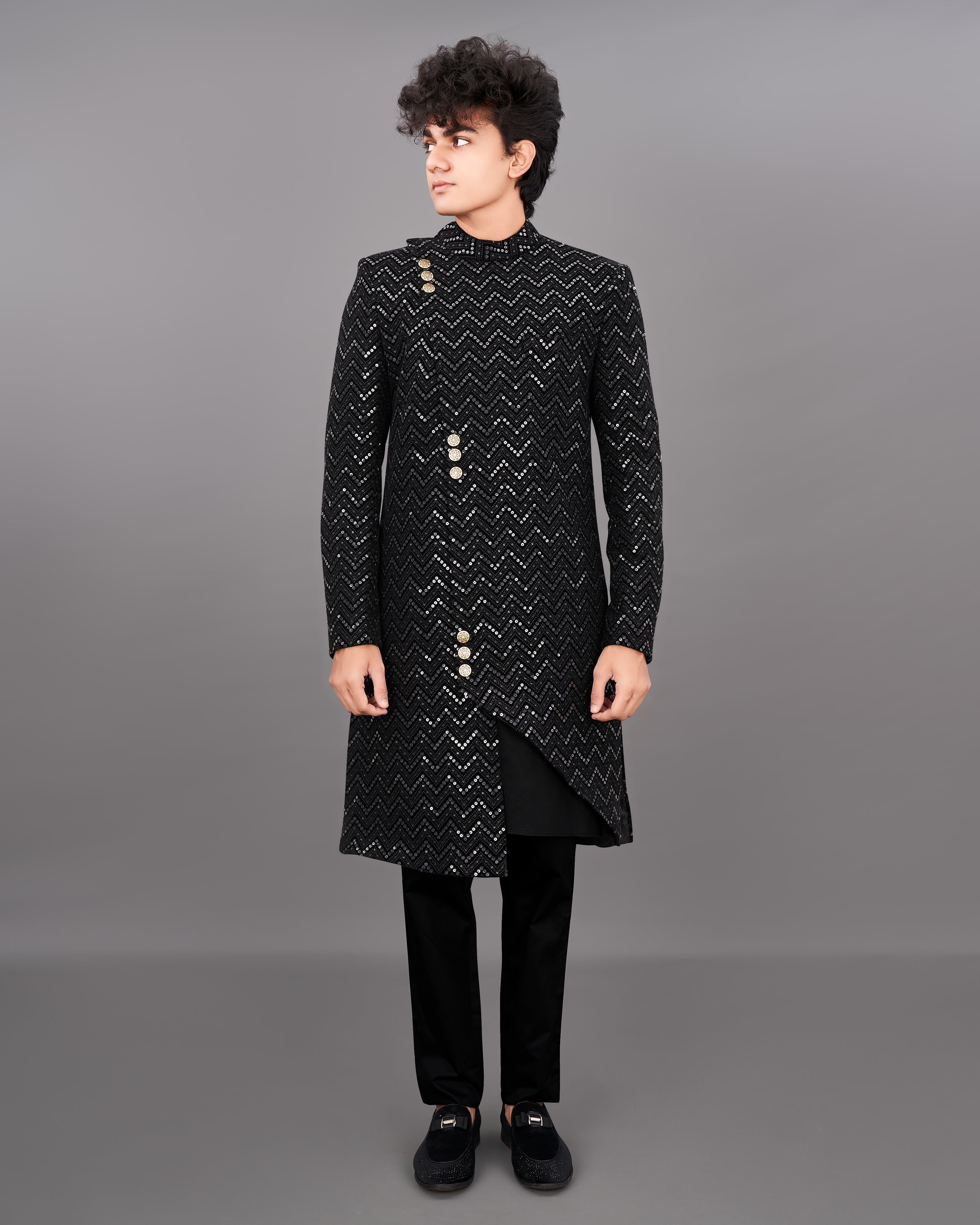 Jade Black and Sequence Embroidered Sherwani with Kurta and Pants Set SH021-SRW23-36, SH021-SRW23-38, SH021-SRW23-40, SH021-SRW23-42, SH021-SRW23-44, SH021-SRW23-46, SH021-SRW23-48, SH021-SRW23-50, SH021-SRW23-52, SH021-SRW23-54, SH021-SRW23-56, SH021-SRW23-58, SH021-SRW23-60