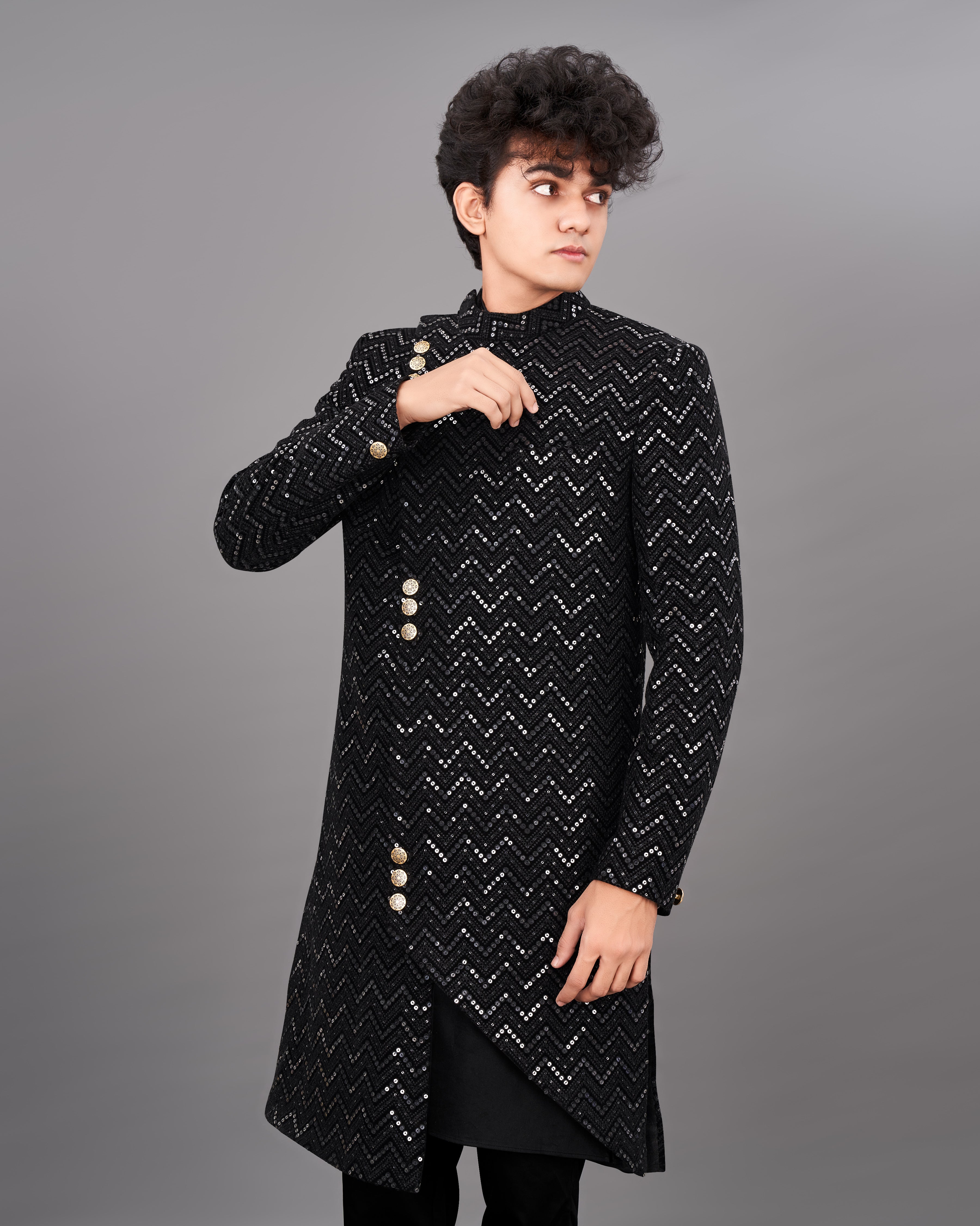 Jade Black and Sequence Embroidered Sherwani with Kurta and Pants Set SH021-SRW23-36, SH021-SRW23-38, SH021-SRW23-40, SH021-SRW23-42, SH021-SRW23-44, SH021-SRW23-46, SH021-SRW23-48, SH021-SRW23-50, SH021-SRW23-52, SH021-SRW23-54, SH021-SRW23-56, SH021-SRW23-58, SH021-SRW23-60