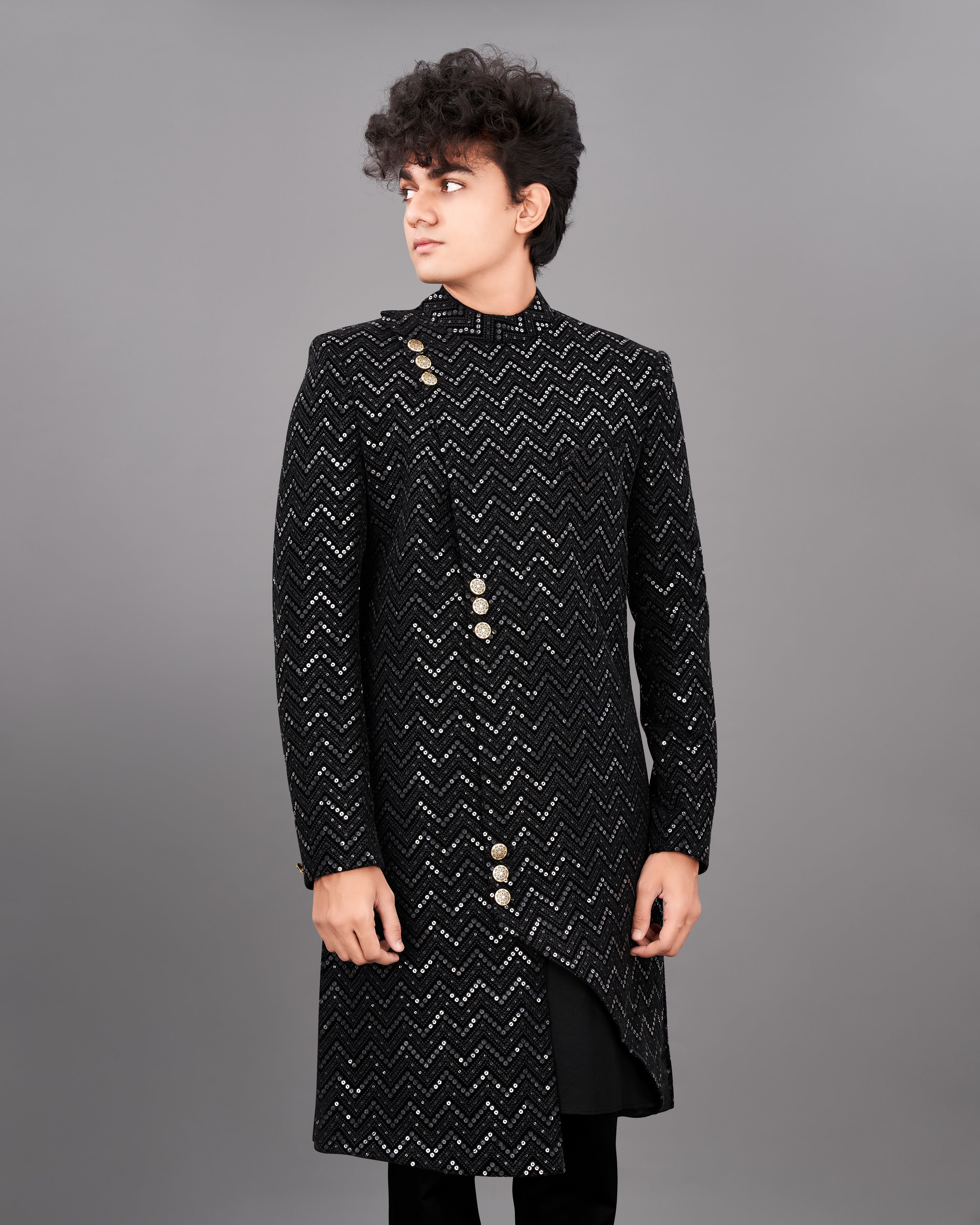 Jade Black and Sequence Embroidered Sherwani with Kurta and Pants Set SH021-SRW23-36, SH021-SRW23-38, SH021-SRW23-40, SH021-SRW23-42, SH021-SRW23-44, SH021-SRW23-46, SH021-SRW23-48, SH021-SRW23-50, SH021-SRW23-52, SH021-SRW23-54, SH021-SRW23-56, SH021-SRW23-58, SH021-SRW23-60