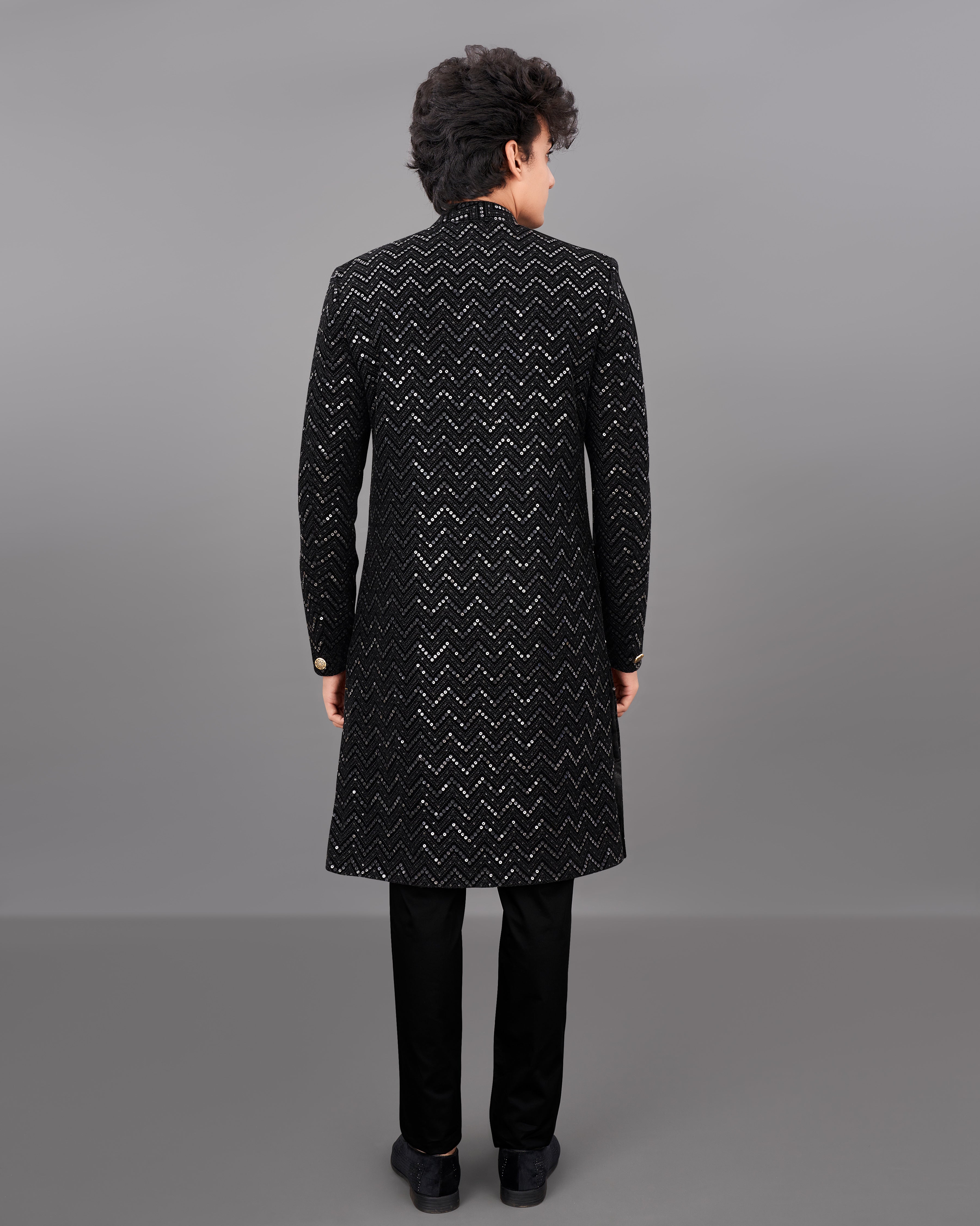 Jade Black and Sequence Embroidered Sherwani with Kurta and Pants Set SH021-SRW23-36, SH021-SRW23-38, SH021-SRW23-40, SH021-SRW23-42, SH021-SRW23-44, SH021-SRW23-46, SH021-SRW23-48, SH021-SRW23-50, SH021-SRW23-52, SH021-SRW23-54, SH021-SRW23-56, SH021-SRW23-58, SH021-SRW23-60