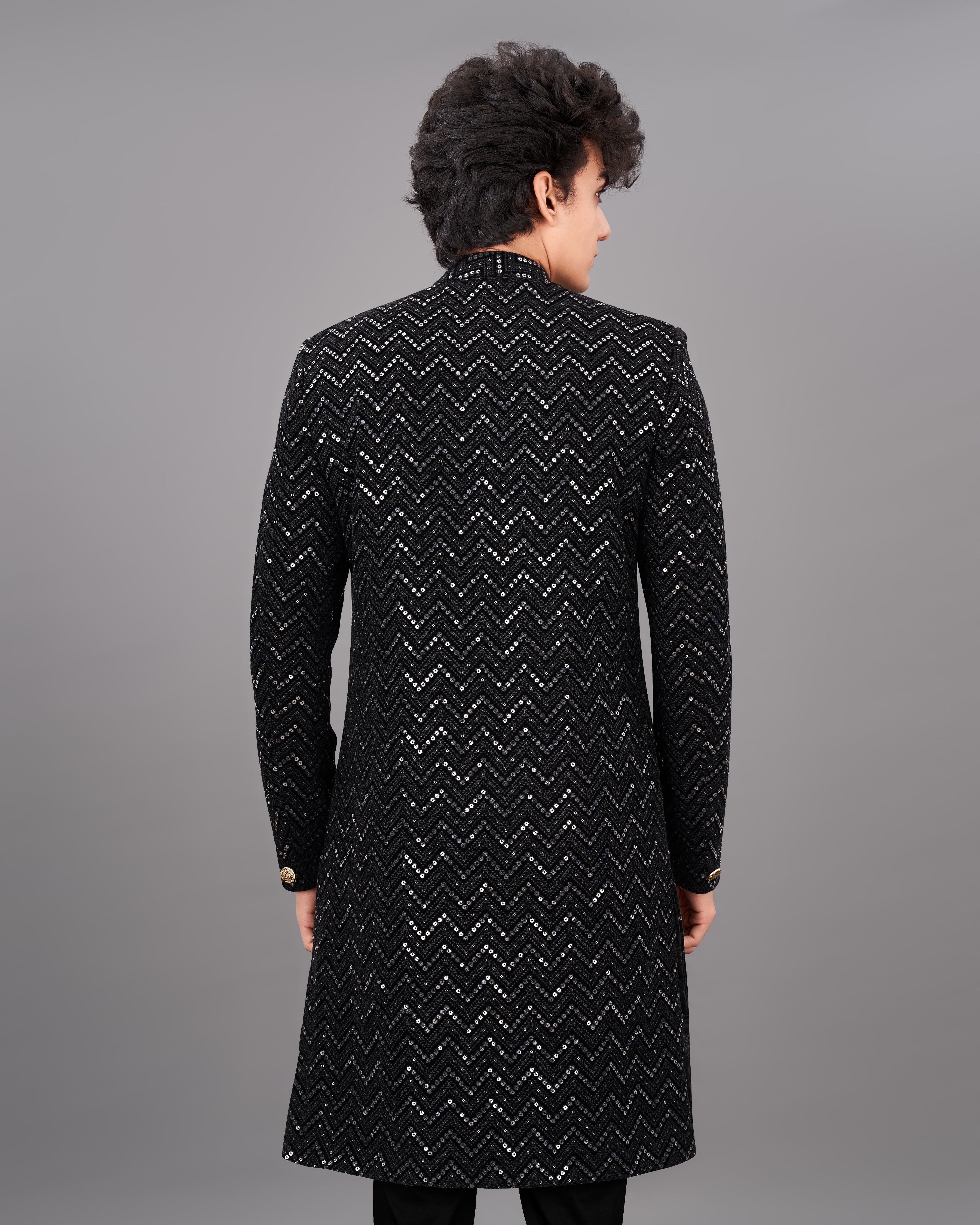 Jade Black and Sequence Embroidered Sherwani with Kurta and Pants Set SH021-SRW23-36, SH021-SRW23-38, SH021-SRW23-40, SH021-SRW23-42, SH021-SRW23-44, SH021-SRW23-46, SH021-SRW23-48, SH021-SRW23-50, SH021-SRW23-52, SH021-SRW23-54, SH021-SRW23-56, SH021-SRW23-58, SH021-SRW23-60