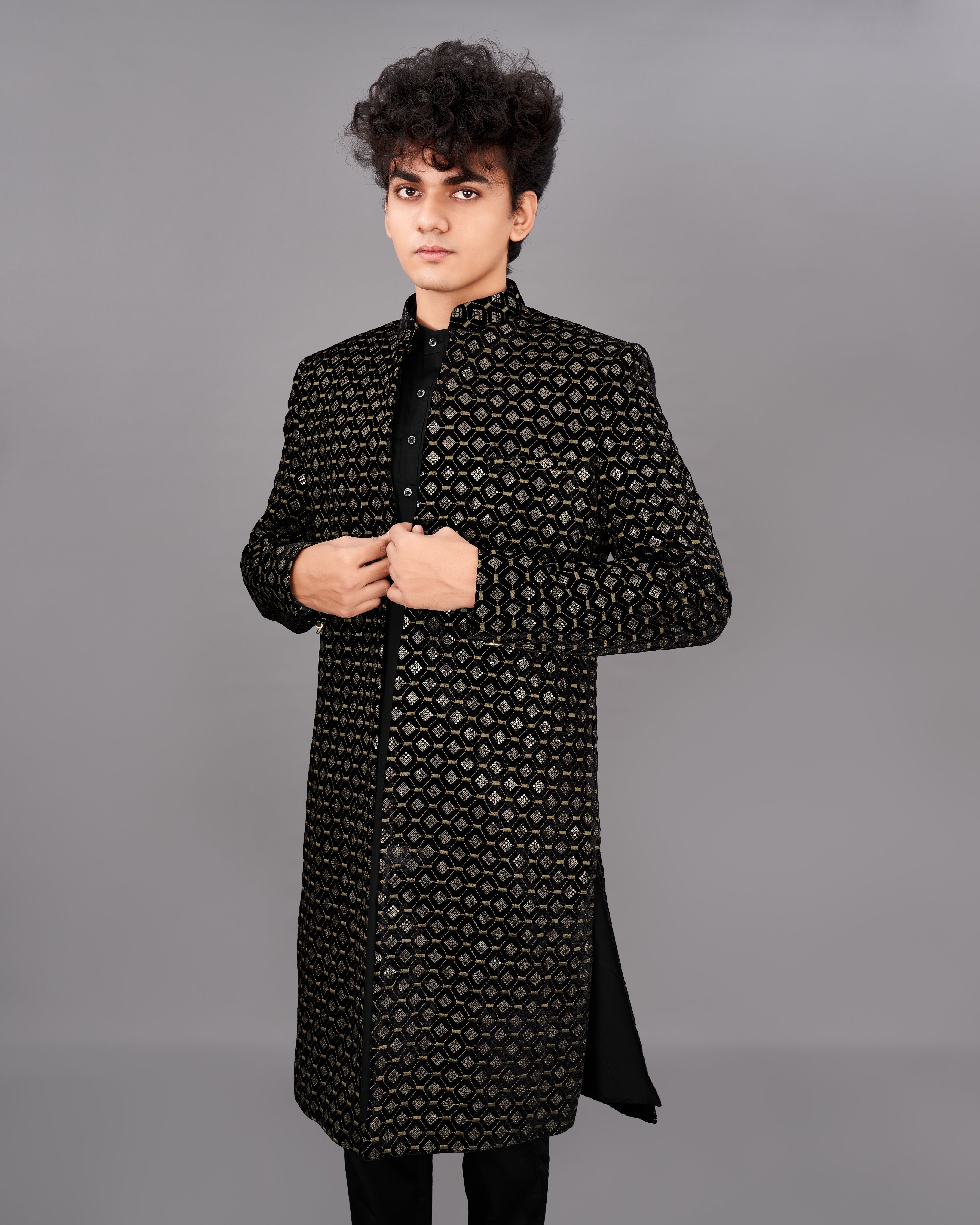 Jade Black And Husk Brown Embroidered with Tikki Work Sherwani with Kurta and Pants Set SHR022-SRW13-36, SHR022-SRW13-38, SHR022-SRW13-40, SHR022-SRW13-42, SHR022-SRW13-44, SHR022-SRW13-46, SHR022-SRW13-48, SHR022-SRW13-50, SHR022-SRW13-52, SHR022-SRW13-54, SHR022-SRW13-56, SHR022-SRW13-58, SHR022-SRW13-60